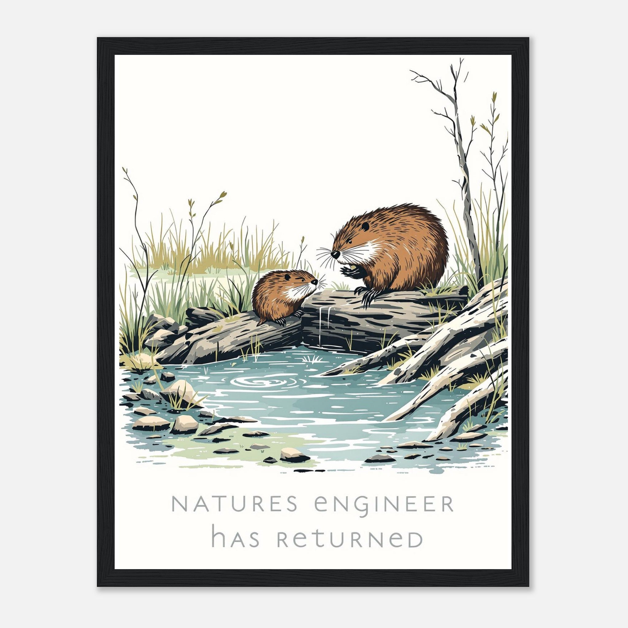 Beaver Rewilding Dam Builder Framed Print Wall Art Ready to Hang UK Framed Art Print — detail view | Wild Thread Co