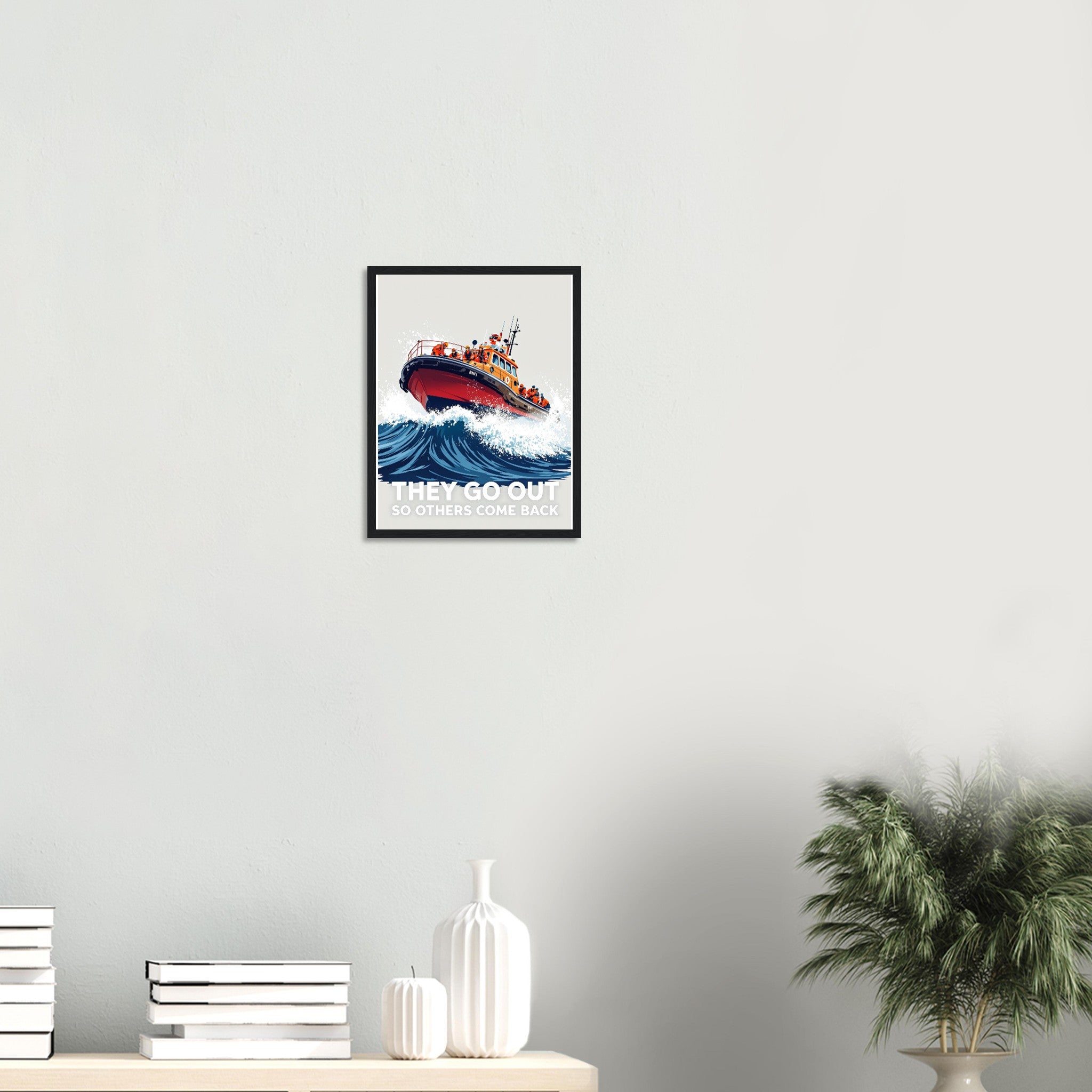 Rnli Lifeboat Launching Heavy Seas Framed Print Wall Art Ready to Framed Art Print — detail view | Wild Thread Co
