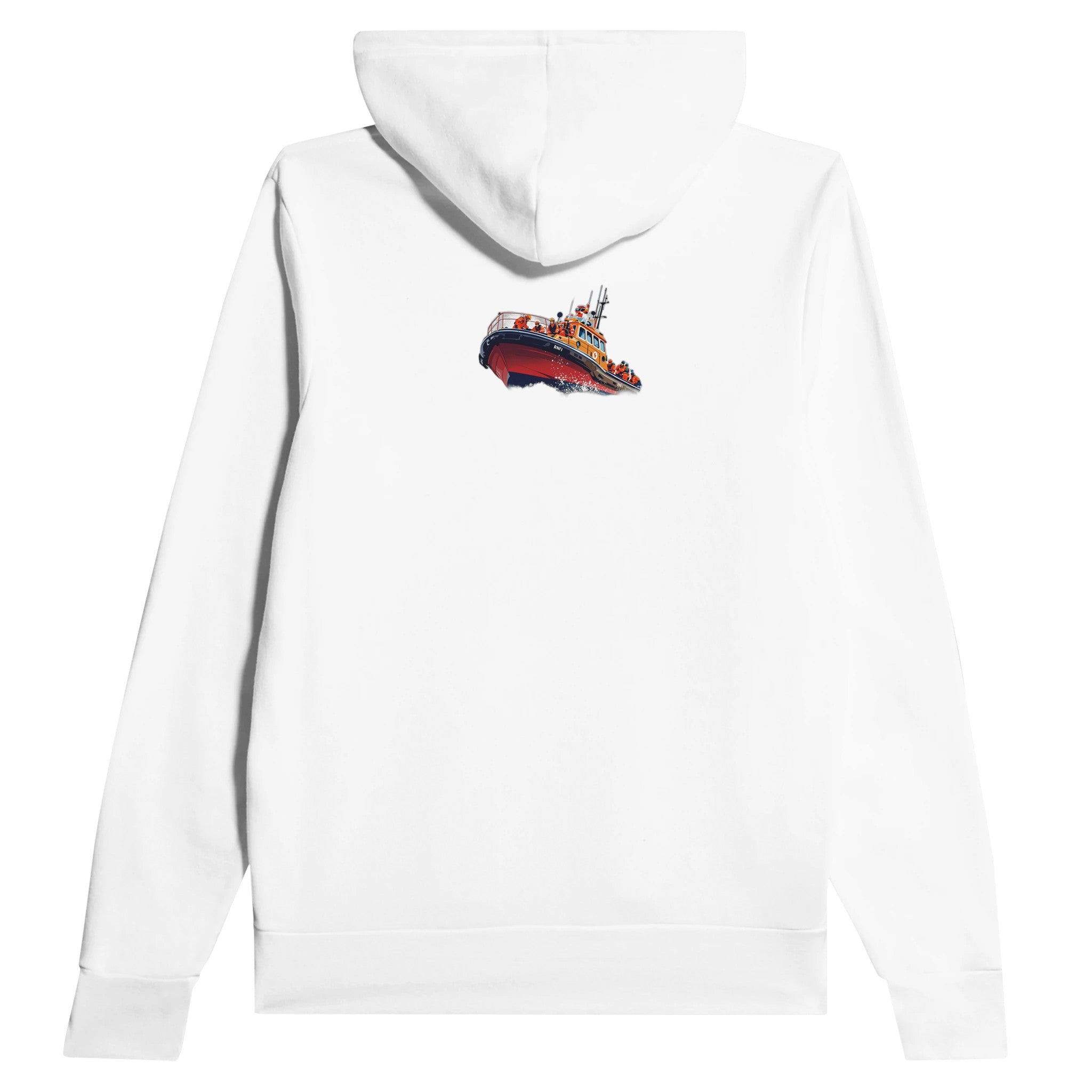 Rnli Lifeboat Launching Heavy Seas Hoodie Pullover Unisex Cotton UK Hoodie — detail view | Wild Thread Co
