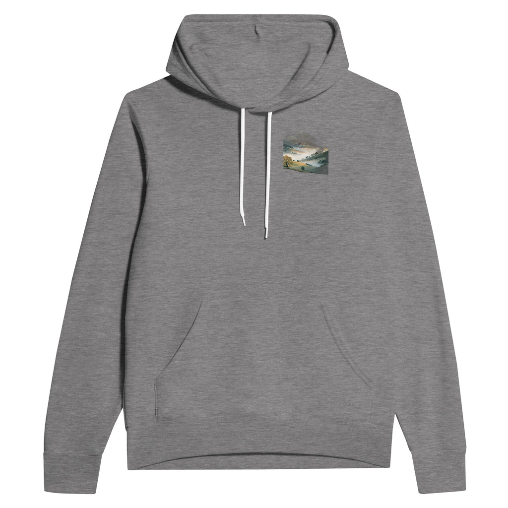 Morning Mist Valley Farm Hoodie Pullover Unisex Cotton UK Hoodie — detail view | Wild Thread Co