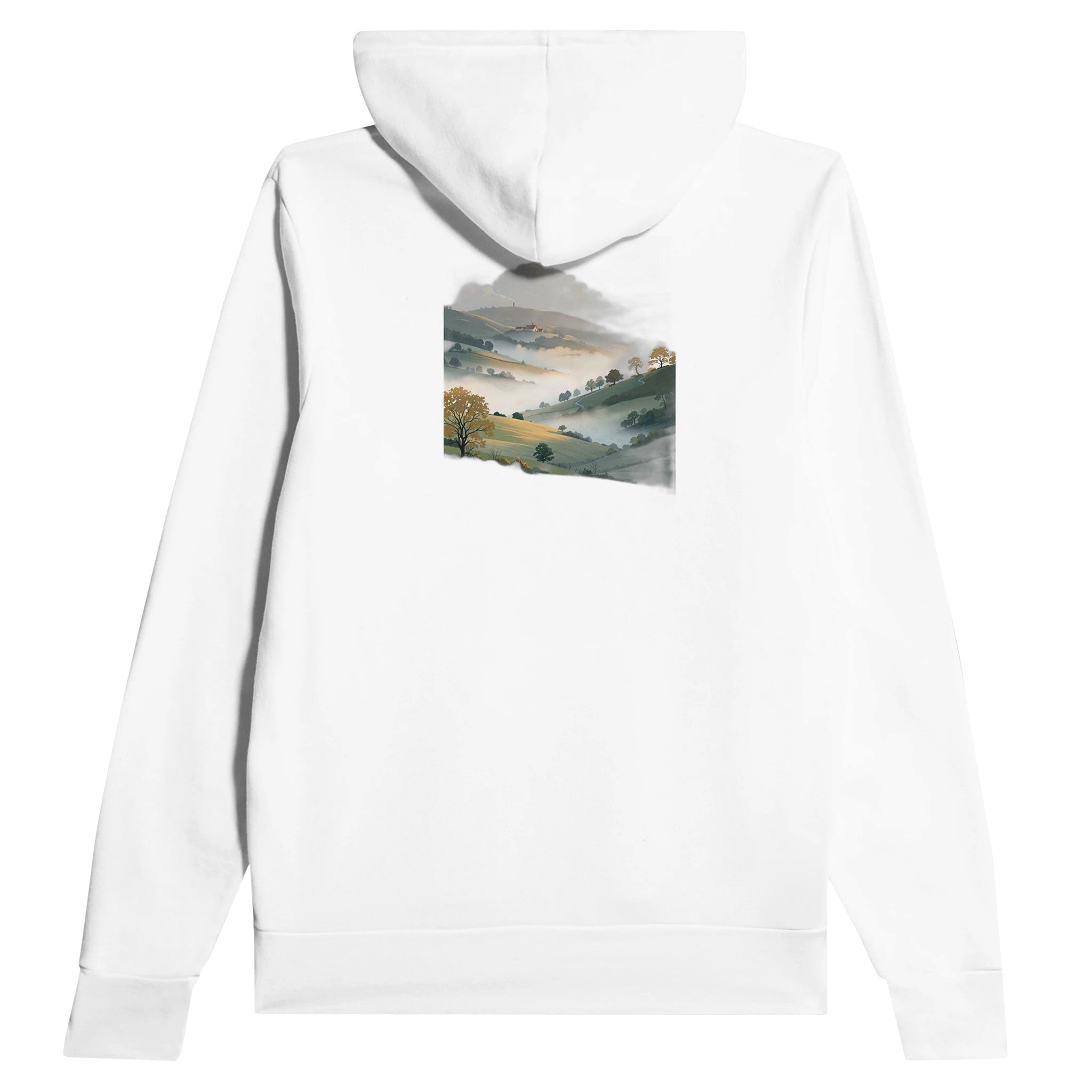 Morning Mist Valley Farm Hoodie Pullover Unisex Cotton UK Hoodie — detail view | Wild Thread Co