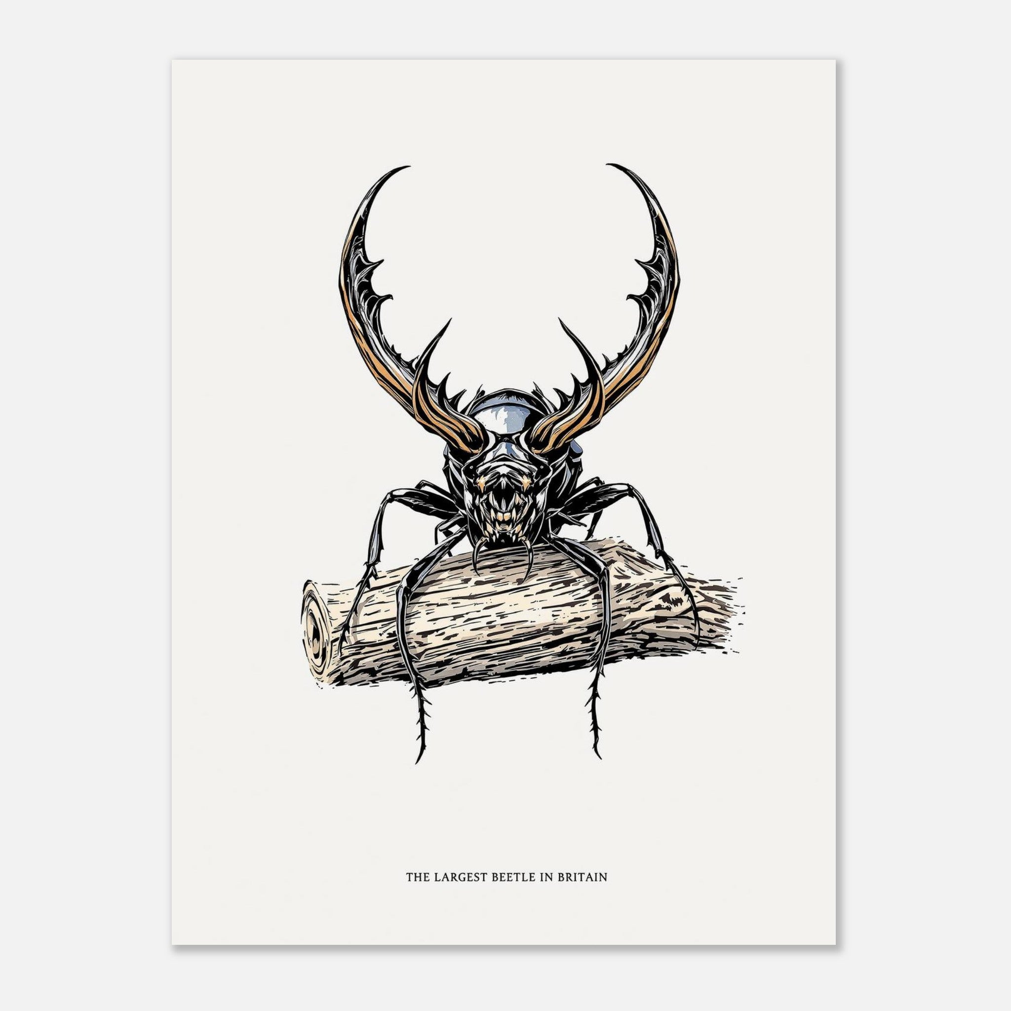 Stag Beetle Oak Log British Insect Art A1 UK Art Wall Art Art Print Poster Wall Art Print — detail view | Wild Thread Co