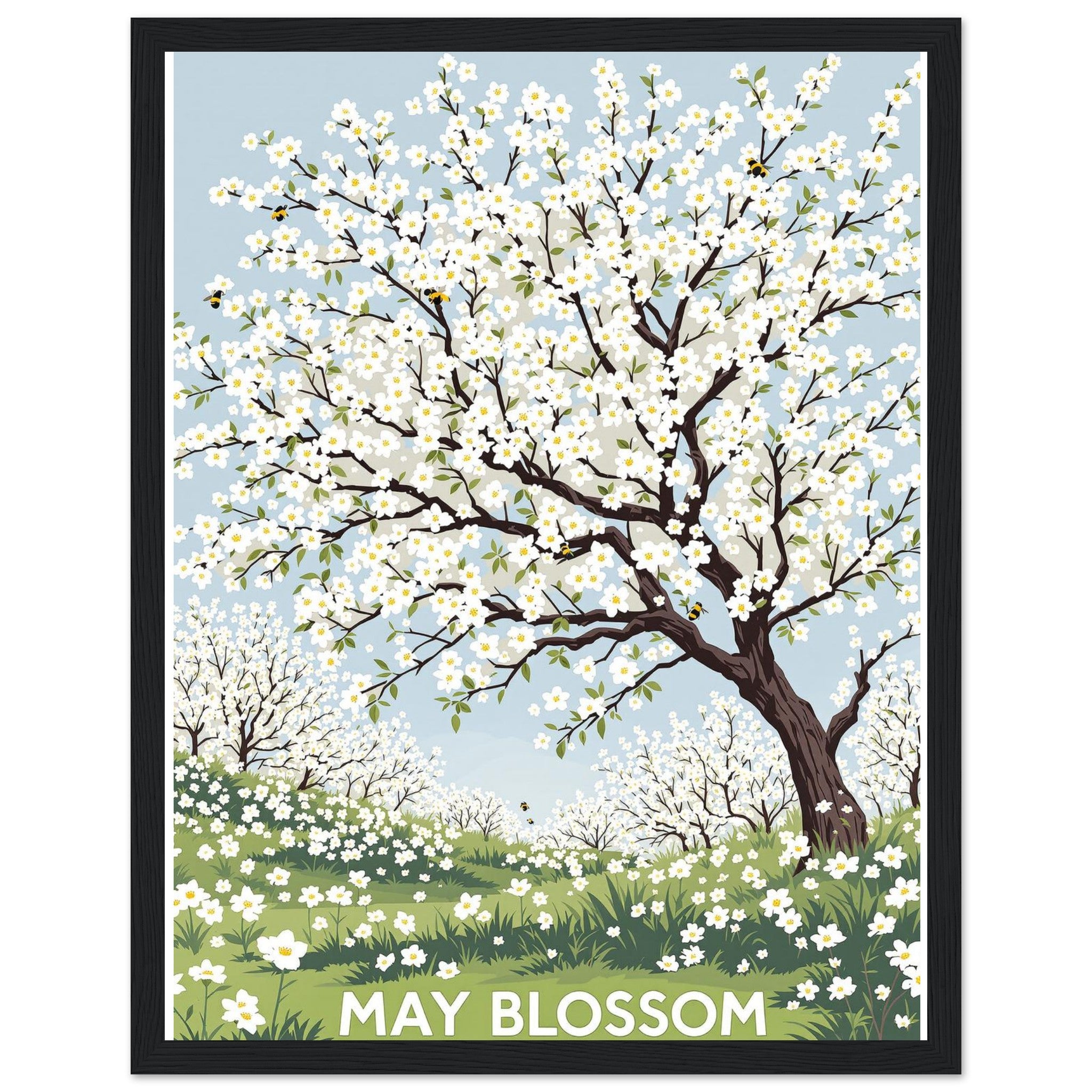 Hawthorn May Blossom Bees Framed Print Wall Art Ready to Hang UK — Framed Art Print | Wild Thread Co UK