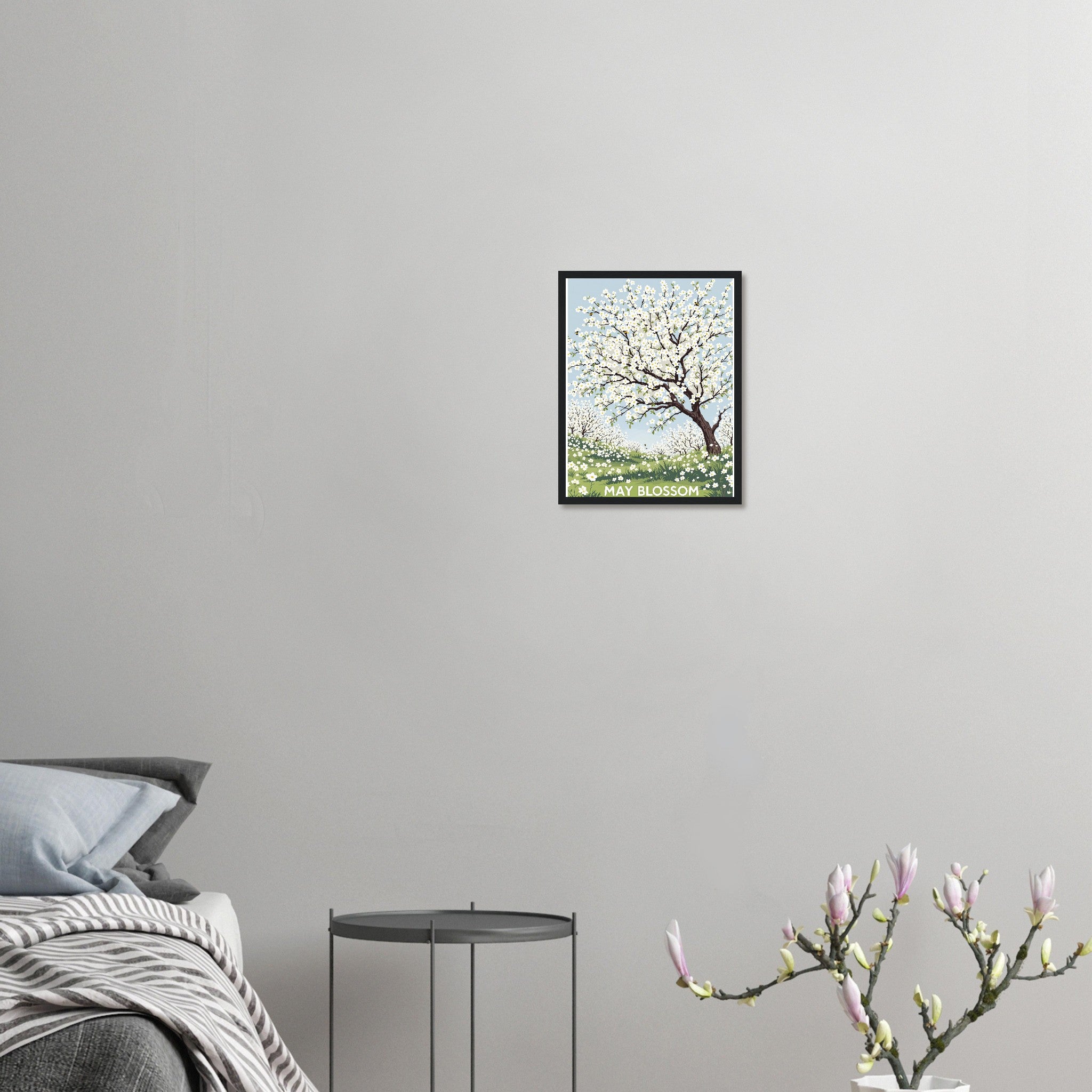 Hawthorn May Blossom Bees Framed Print Wall Art Ready to Hang UK Framed Art Print — detail view | Wild Thread Co