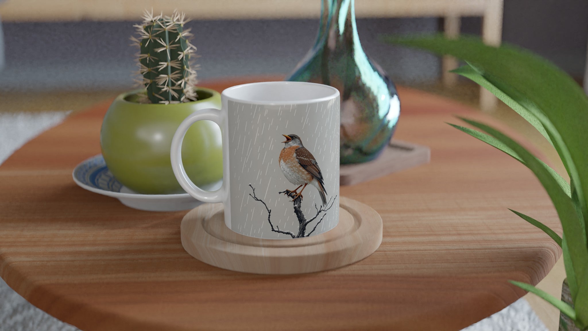 Mistle Thrush Singing Storm Coffee Tea Ceramic 11oz Mug — detail view | Wild Thread Co