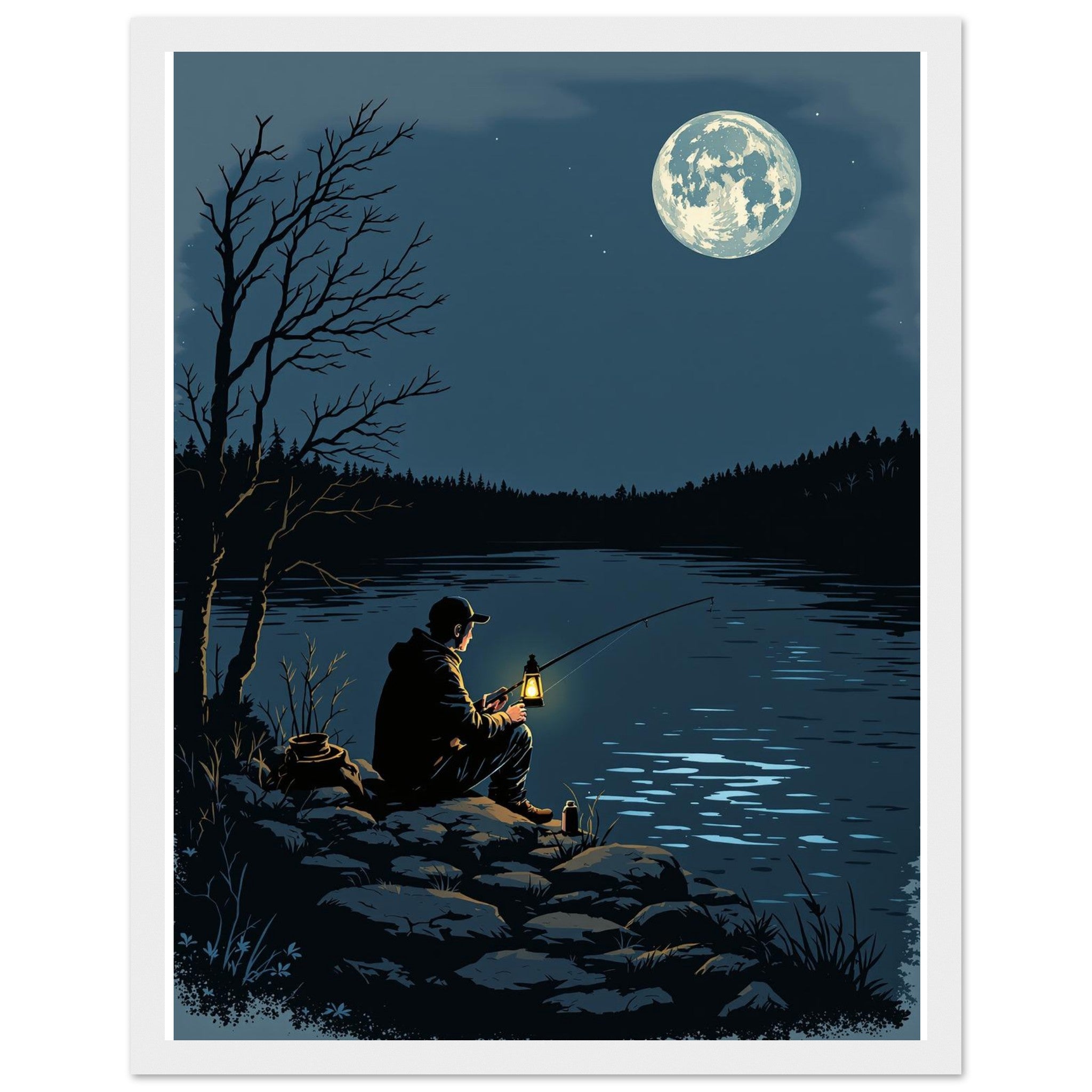 Night Fishing Lantern River Patience Framed Print Wall Art Ready to Framed Art Print — detail view | Wild Thread Co