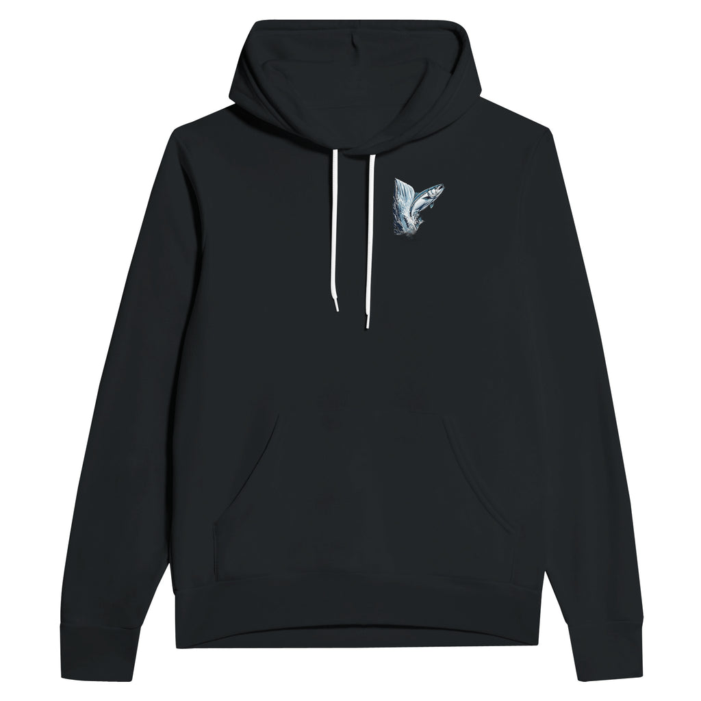 Salmon Leaping Waterfall Determination Hoodie Pullover Unisex Cotton Hoodie — detail view | Wild Thread Co