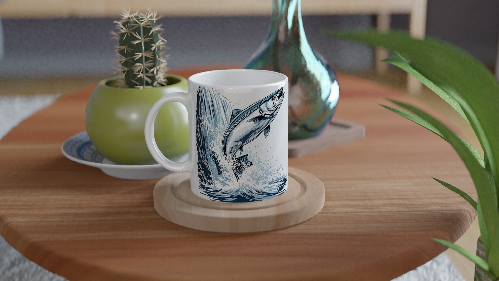 Salmon Leaping Waterfall Determination Coffee Tea Ceramic 11oz Mug Ce Mug — detail view | Wild Thread Co