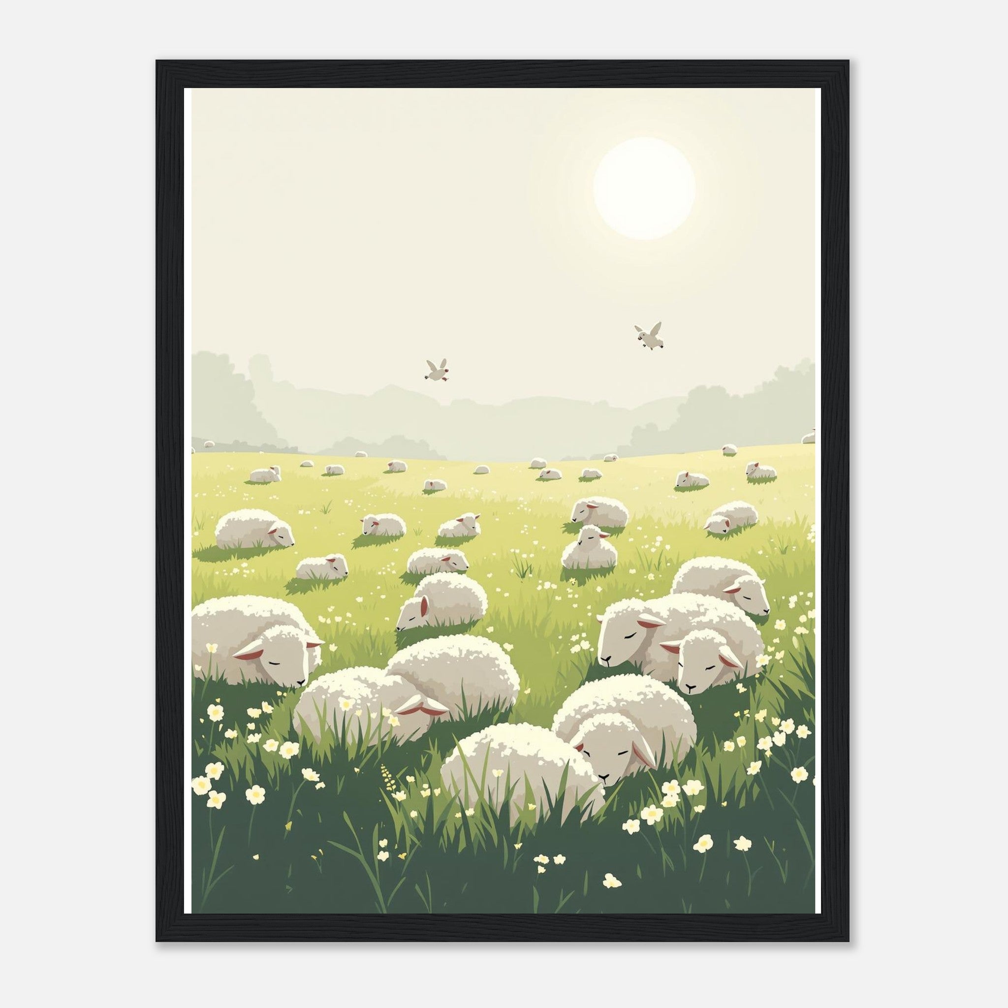 Spring Lambs Field Morning Framed Print Wall Art Ready to Hang UK Framed Art Print — detail view | Wild Thread Co