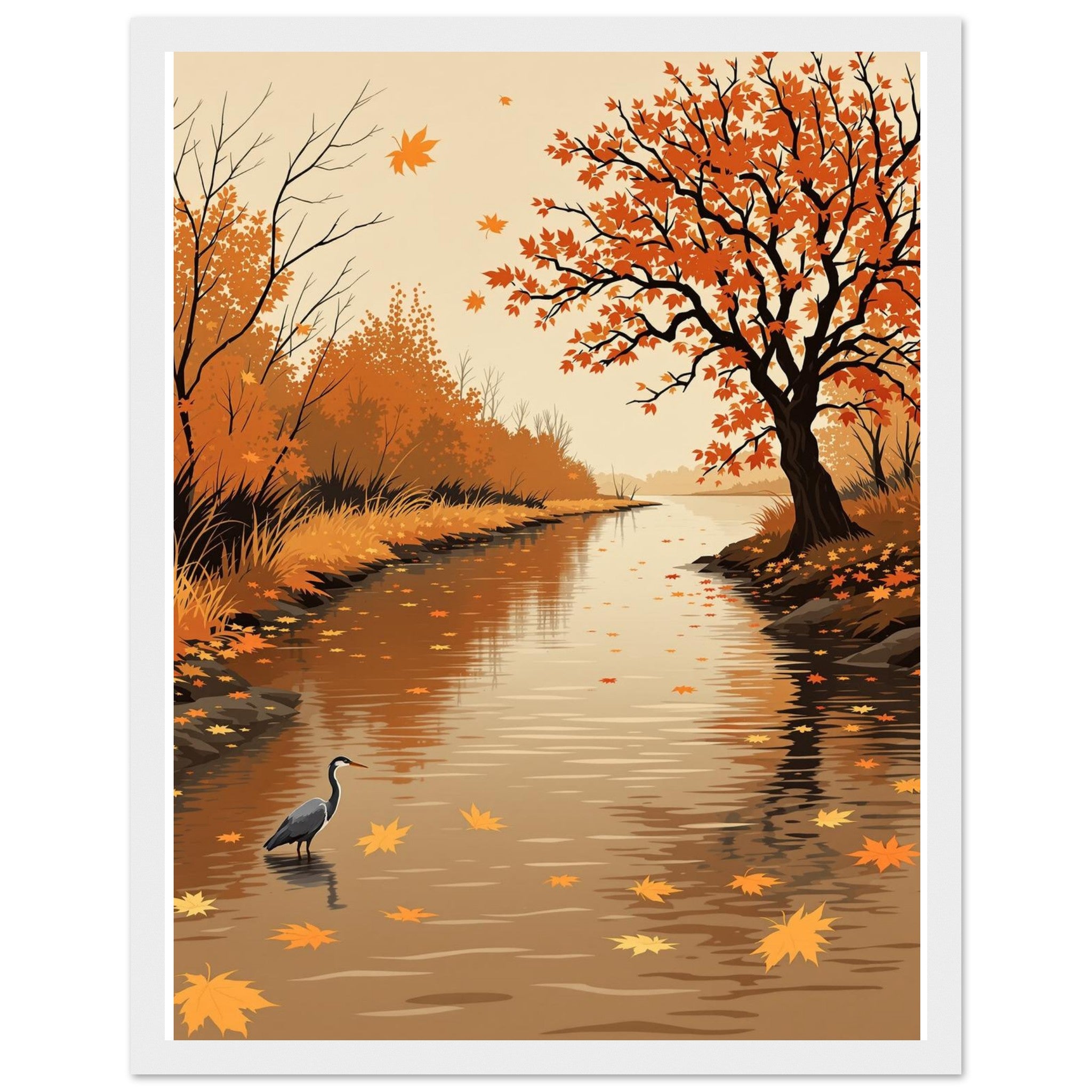 Autumn River Leaves Heron Bronze Framed Print Wall Art Ready to Hang Framed Art Print — detail view | Wild Thread Co