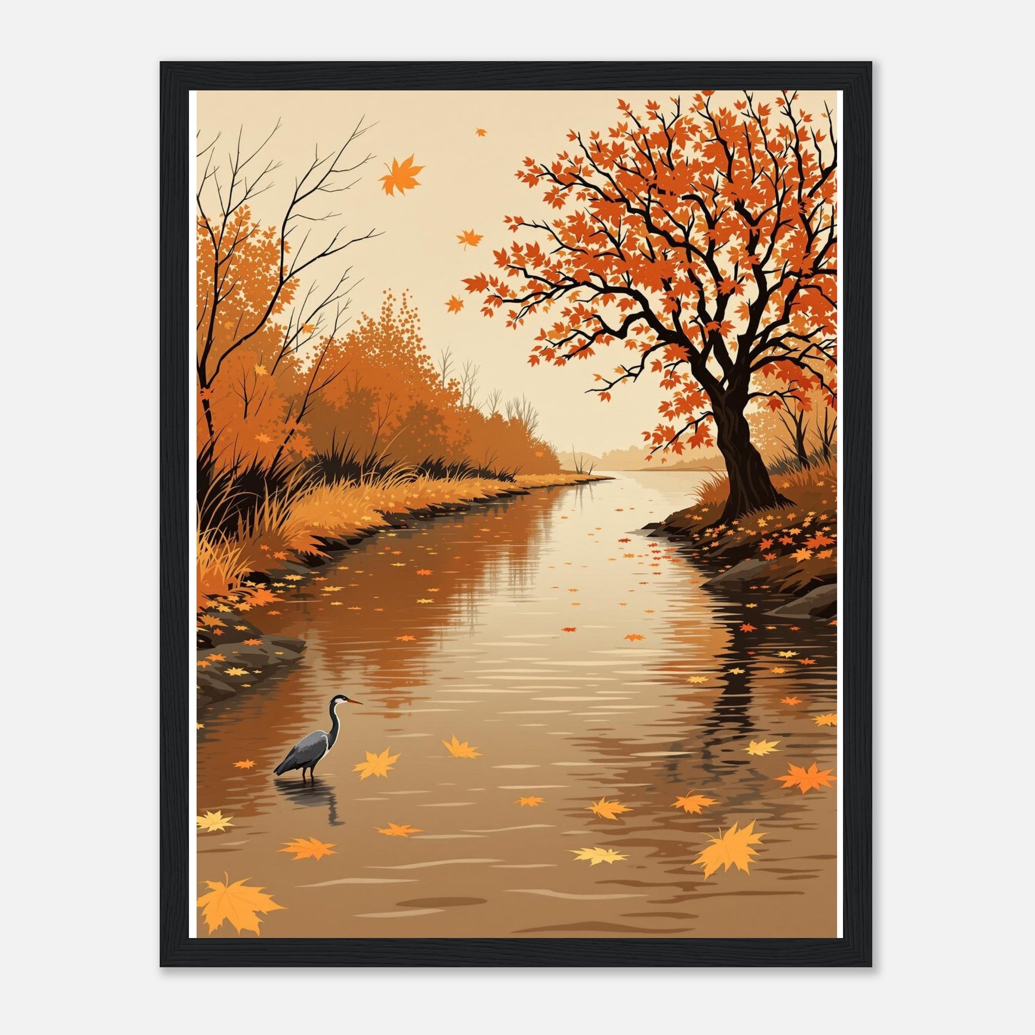 Autumn River Leaves Heron Bronze Framed Print Wall Art Ready to Hang Framed Art Print — detail view | Wild Thread Co