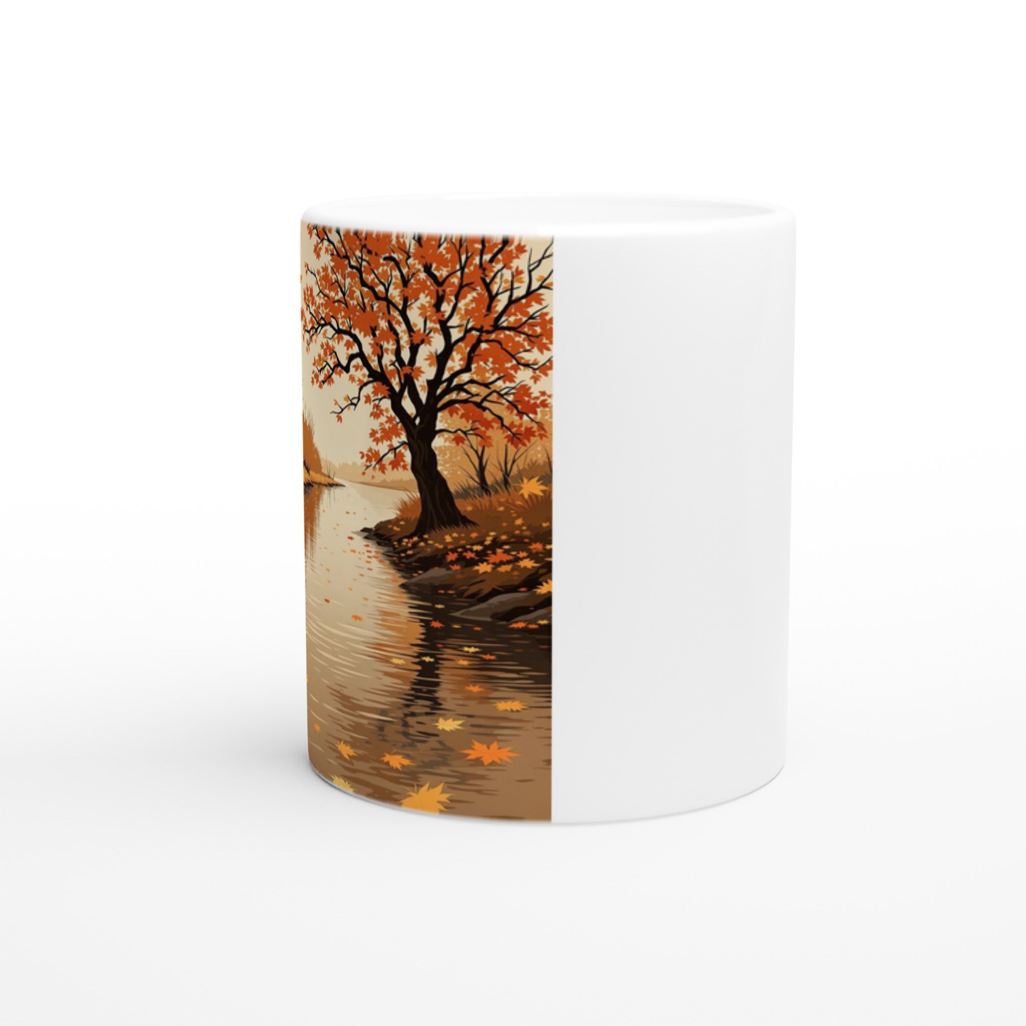 Autumn River Leaves Heron Bronze Coffee Tea Ceramic 11oz Mug — detail view | Wild Thread Co
