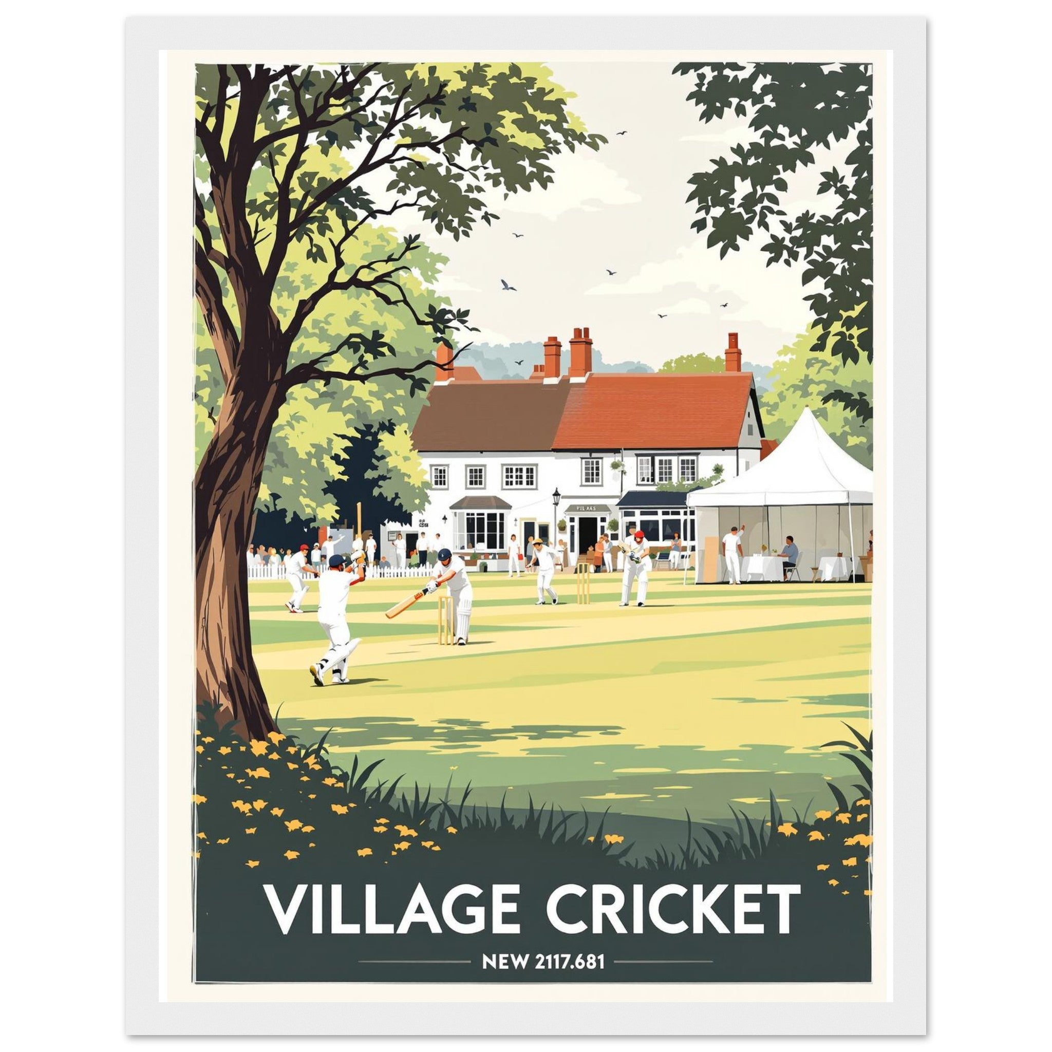 Village Cricket Sunday Green Framed Print Wall Art Ready to Hang UK Framed Art Print — detail view | Wild Thread Co
