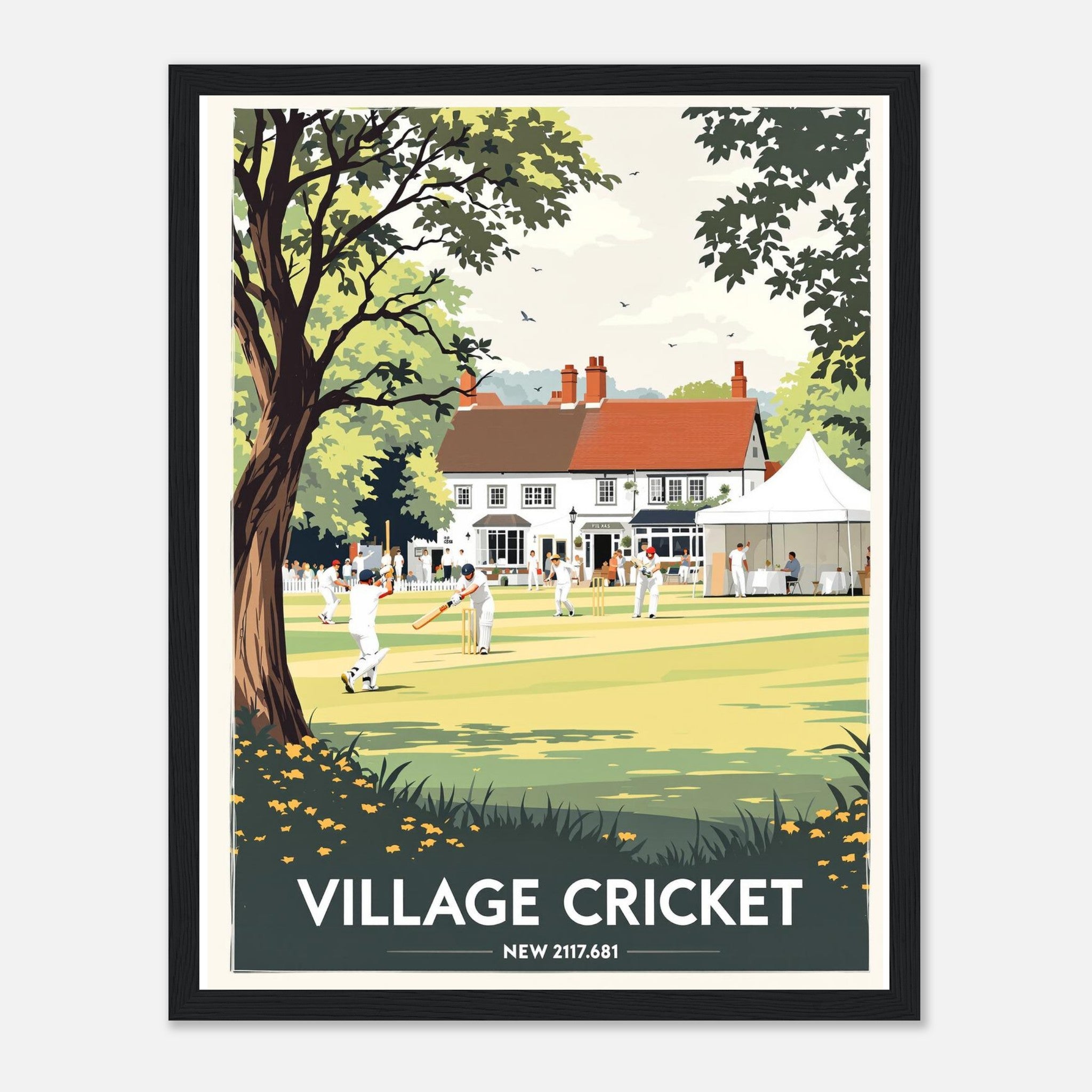 Village Cricket Sunday Green Framed Print Wall Art Ready to Hang UK Framed Art Print — detail view | Wild Thread Co