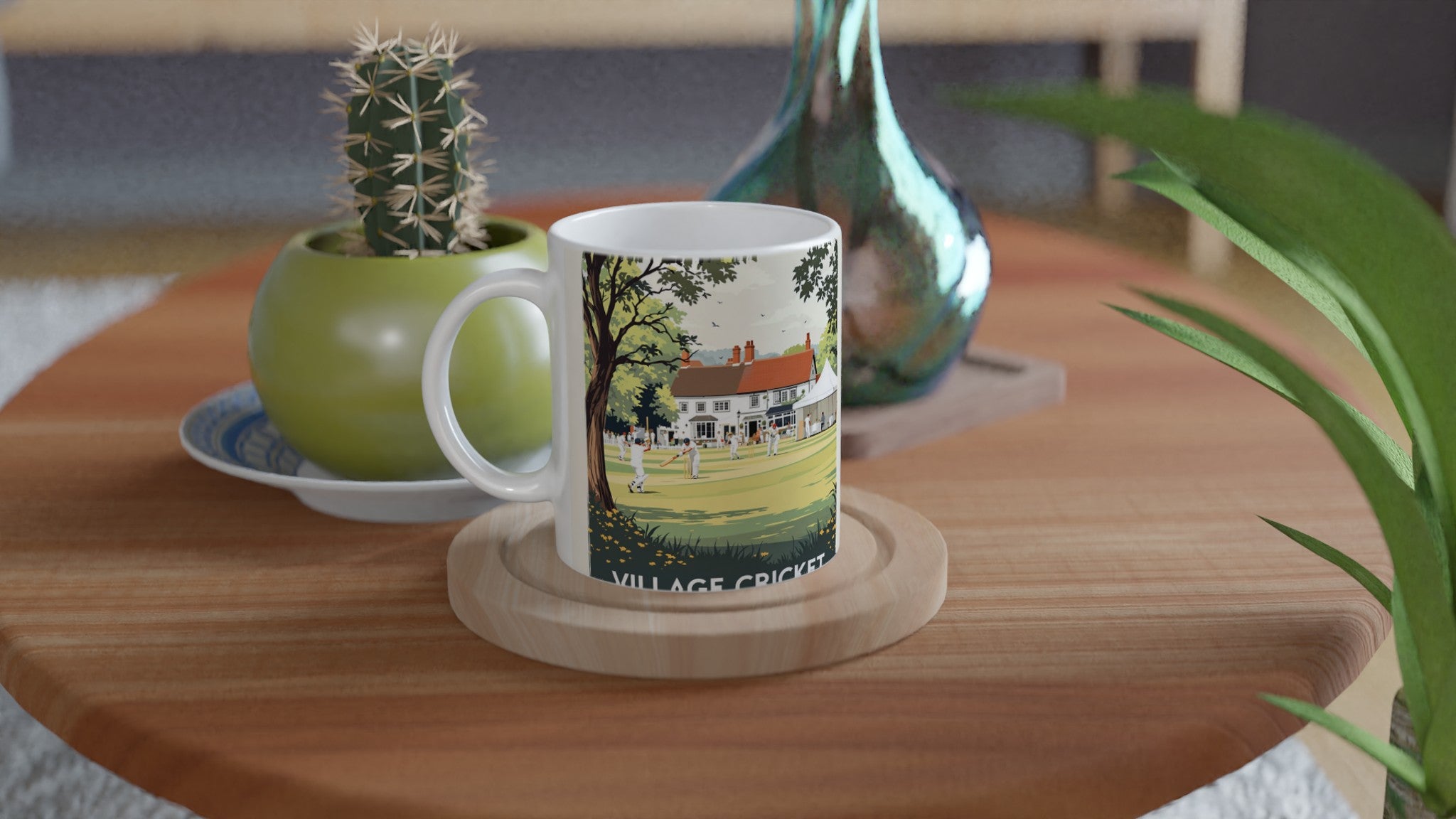 Village Cricket Sunday Green Coffee Tea Ceramic 11oz Mug — detail view | Wild Thread Co