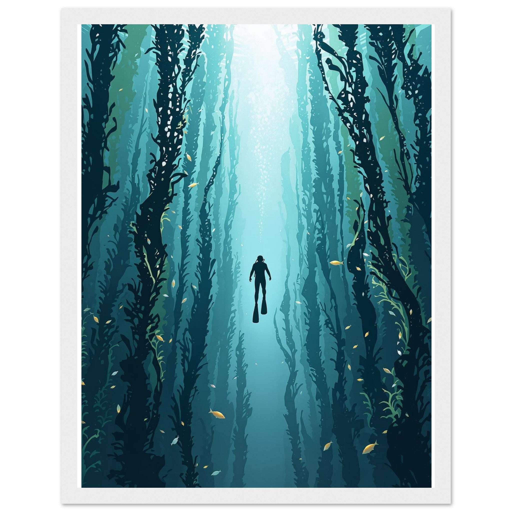 Kelp Forest Freediver Underwater Framed Print Wall Art Ready to Hang Framed Art Print — detail view | Wild Thread Co
