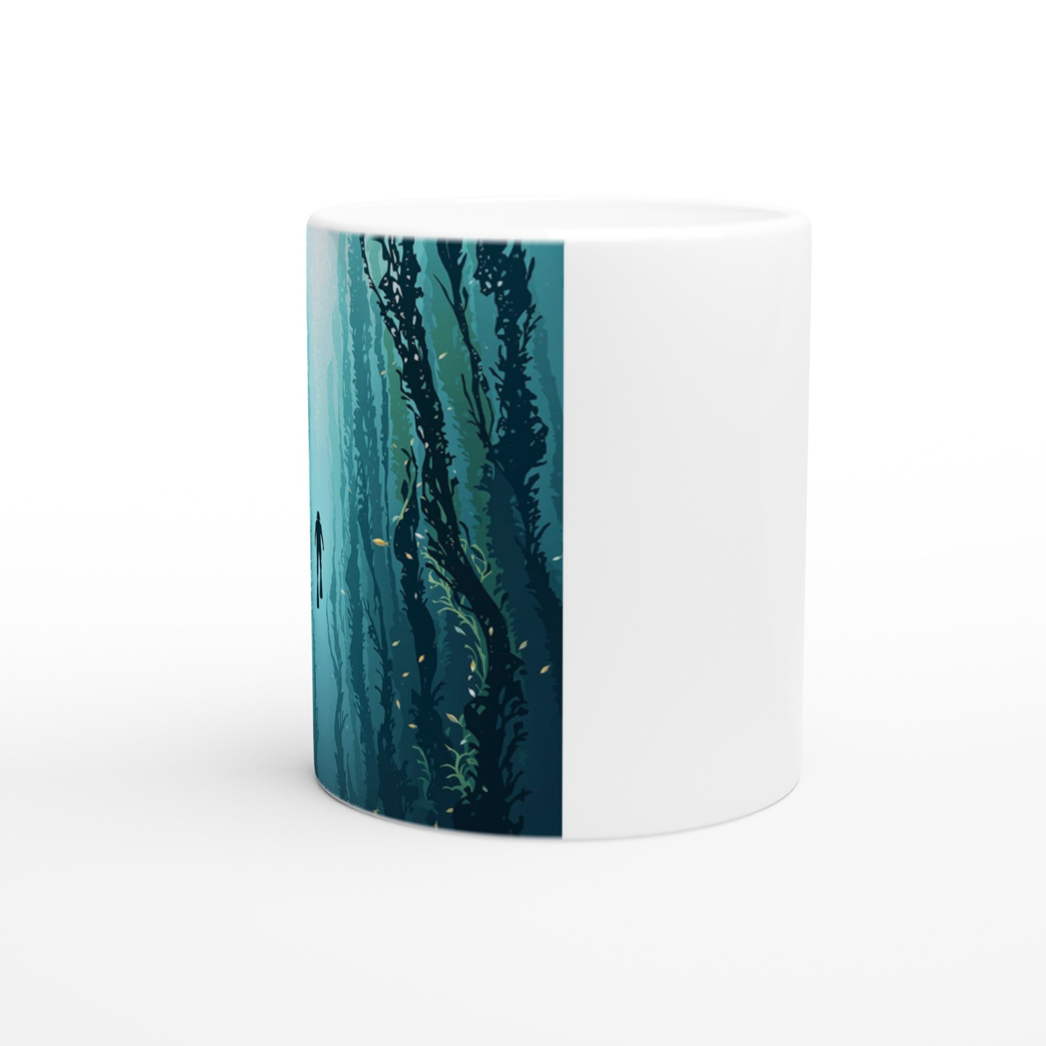 Kelp Forest Freediver Underwater Coffee Tea Ceramic 11oz Mug — detail view | Wild Thread Co