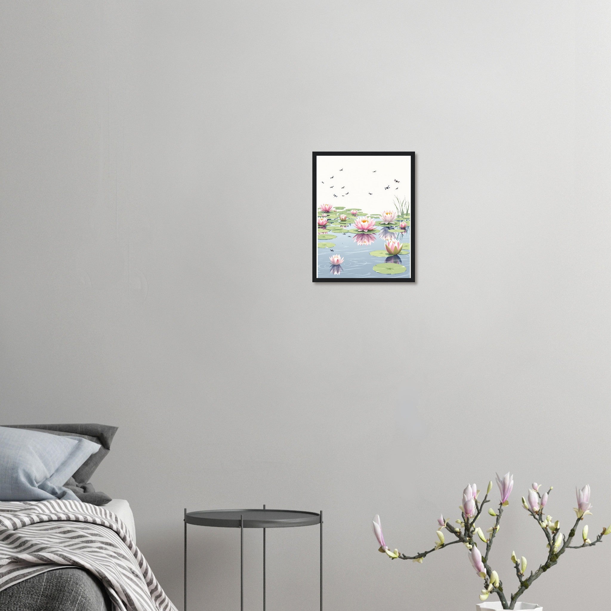 Water Lily Dragonfly Village Pond Framed Print Wall Art Ready to Hang Framed Art Print — detail view | Wild Thread Co