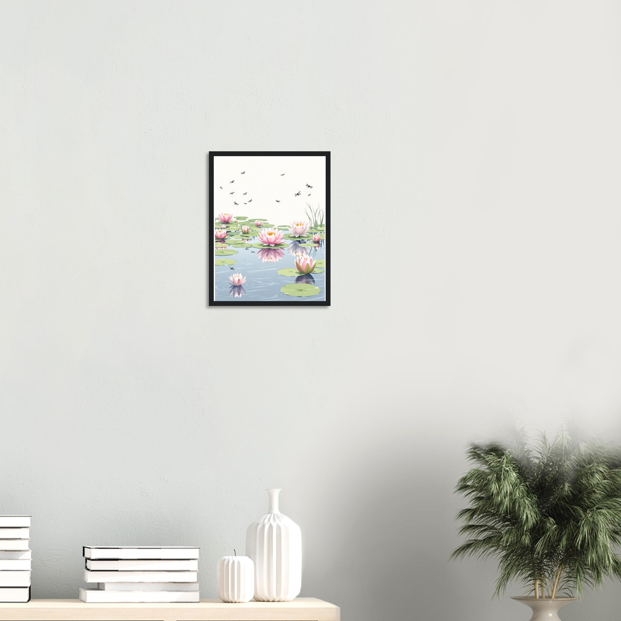 Water Lily Dragonfly Village Pond Framed Print Wall Art Ready to Hang Framed Art Print — detail view | Wild Thread Co