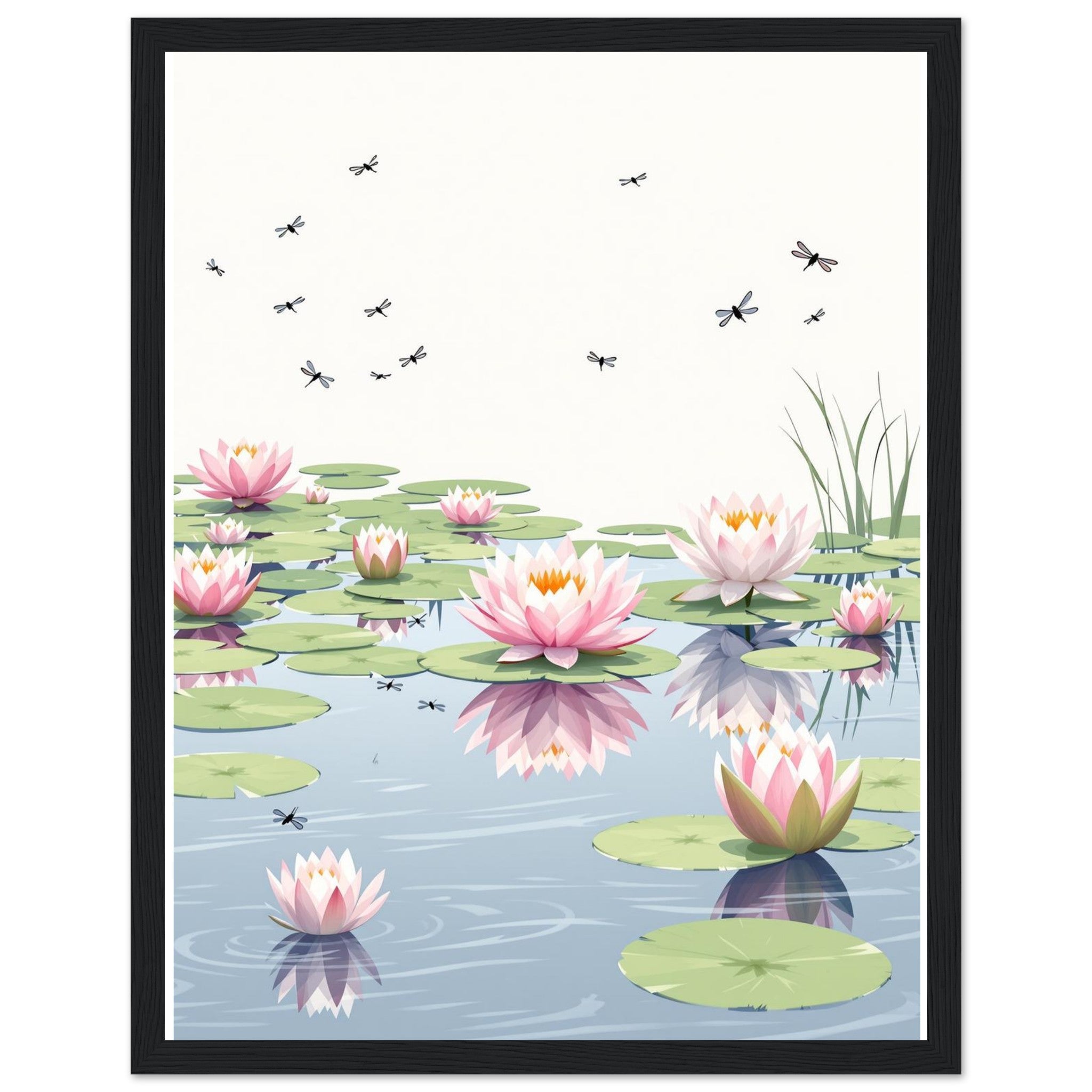 Water Lily Dragonfly Village Pond Framed Print Wall Art Ready to Hang — Framed Art Print | Wild Thread Co UK