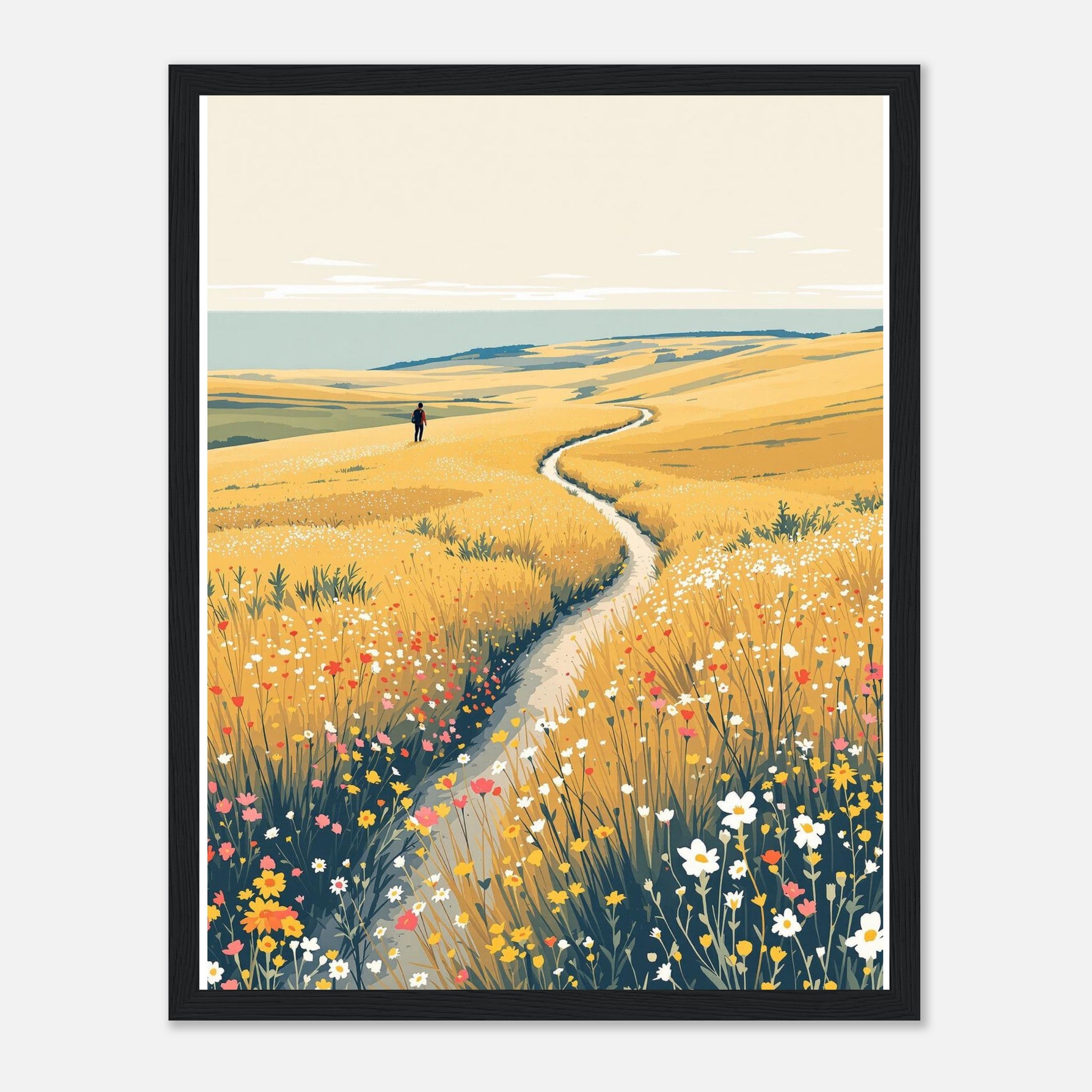 Chalk Downland South Downs Walker Framed Print Wall Art Ready to Hang Framed Art Print — detail view | Wild Thread Co