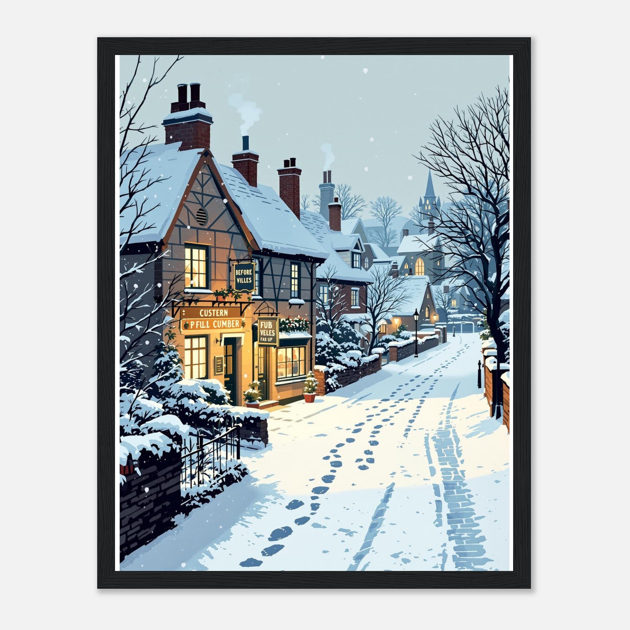 Snowfall Village Pub Light Framed Art Print — detail view | Wild Thread Co
