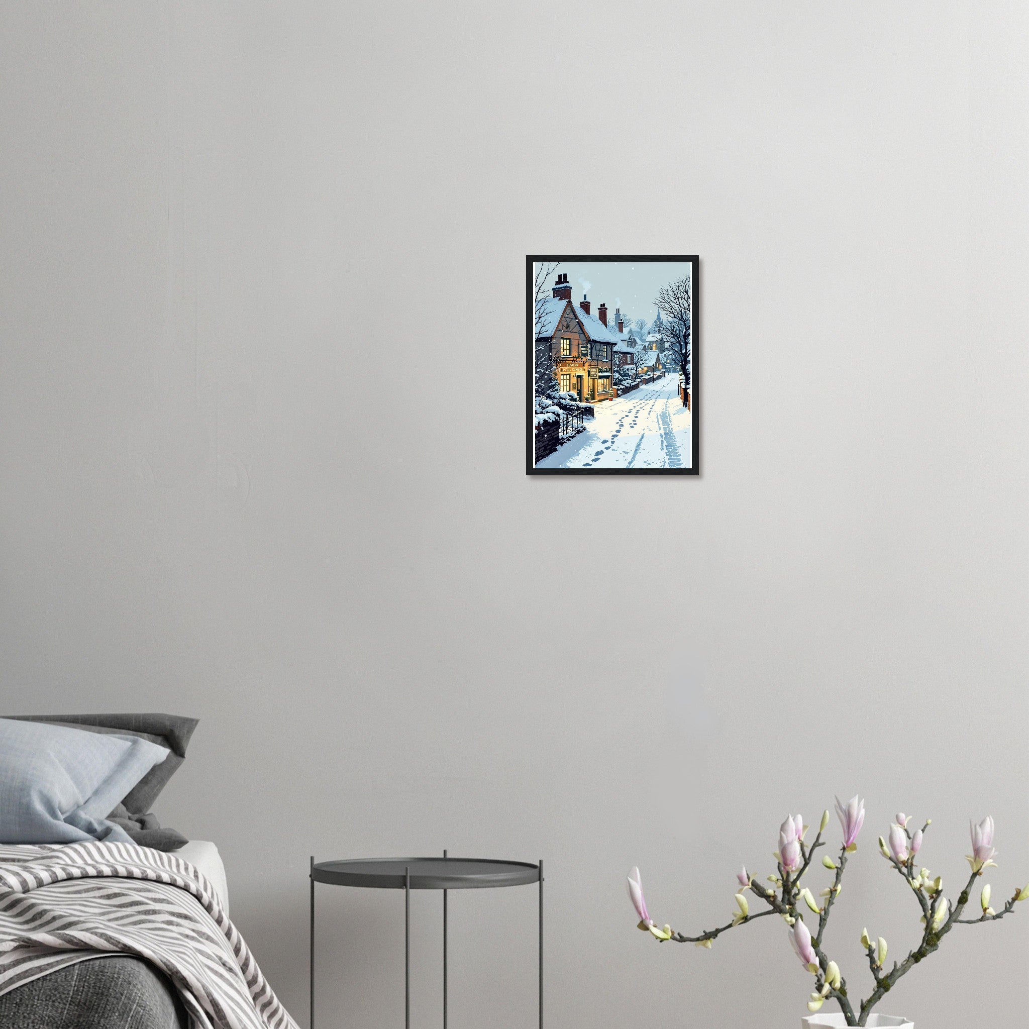 Snowfall Village Pub Light Framed Art Print — detail view | Wild Thread Co