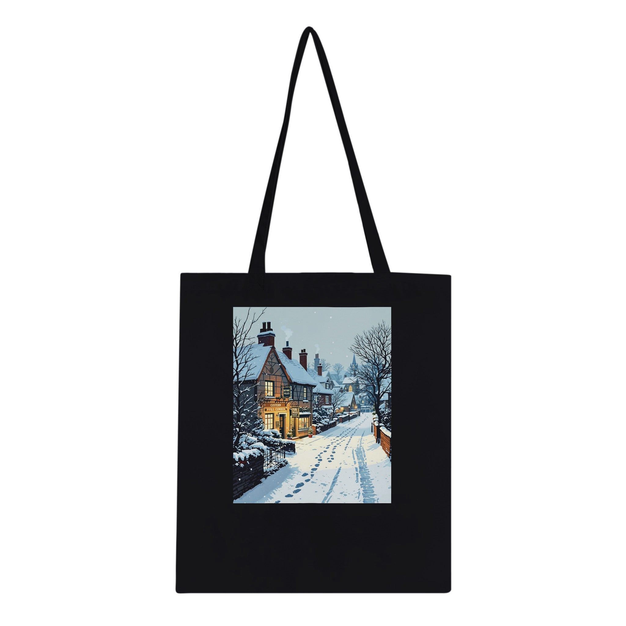 Snowfall Village Pub Light Tote Bag Cotton Shopper UK Tote Bag — detail view | Wild Thread Co
