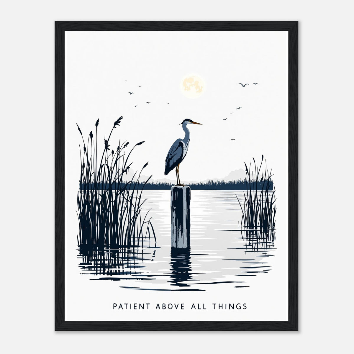 Night Heron Estuary Moonlight Framed Print Wall Art Ready to Hang UK Framed Art Print — detail view | Wild Thread Co