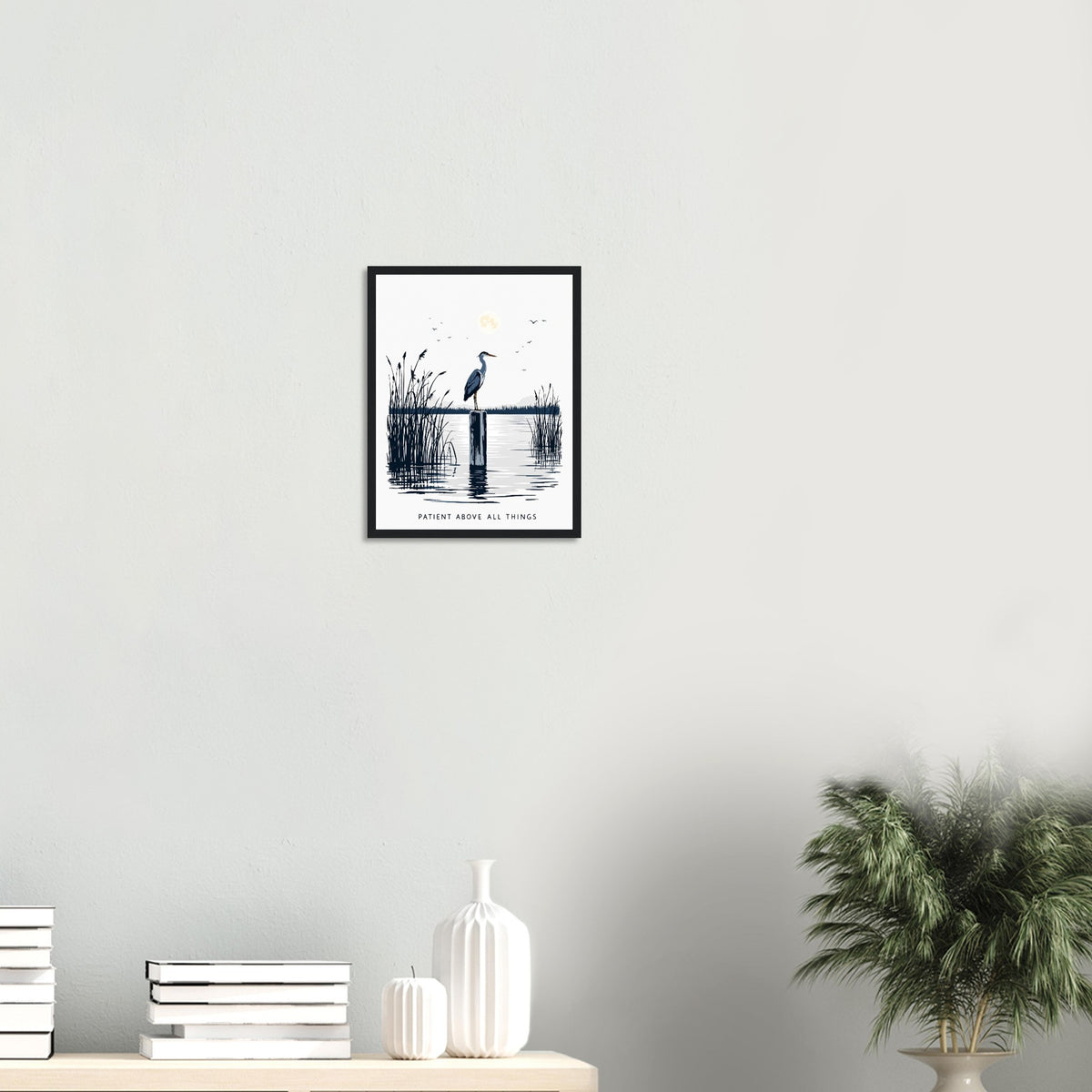 Night Heron Estuary Moonlight Framed Print Wall Art Ready to Hang UK Framed Art Print — detail view | Wild Thread Co