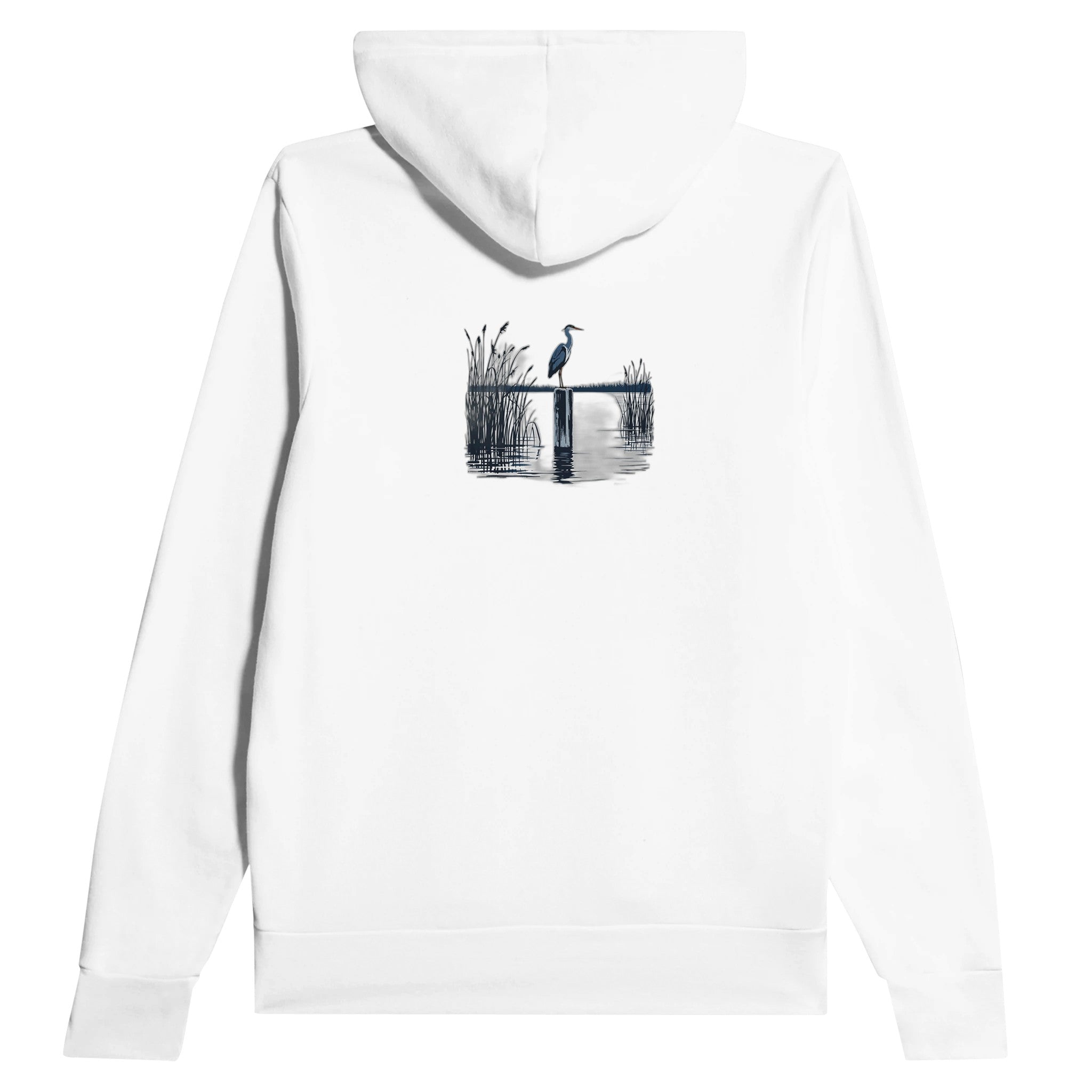 Night Heron Estuary Moonlight Hoodie Pullover Unisex Cotton UK Hoodie — detail view | Wild Thread Co