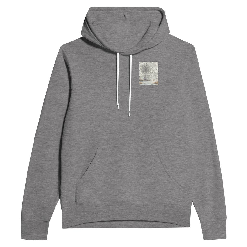 Chalk Stream Trout Rising Mayfly Hoodie Pullover Unisex Cotton UK Hoodie — detail view | Wild Thread Co