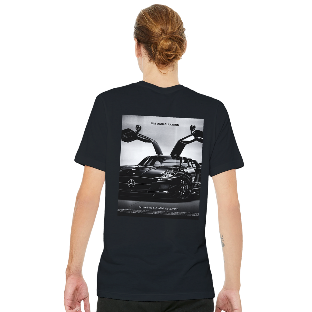 Mercedes Sls Amg Gullwing Black Drama T-Shirt Unisex Cotton Tee UK T-Shirt — detail view | Wild Thread Co