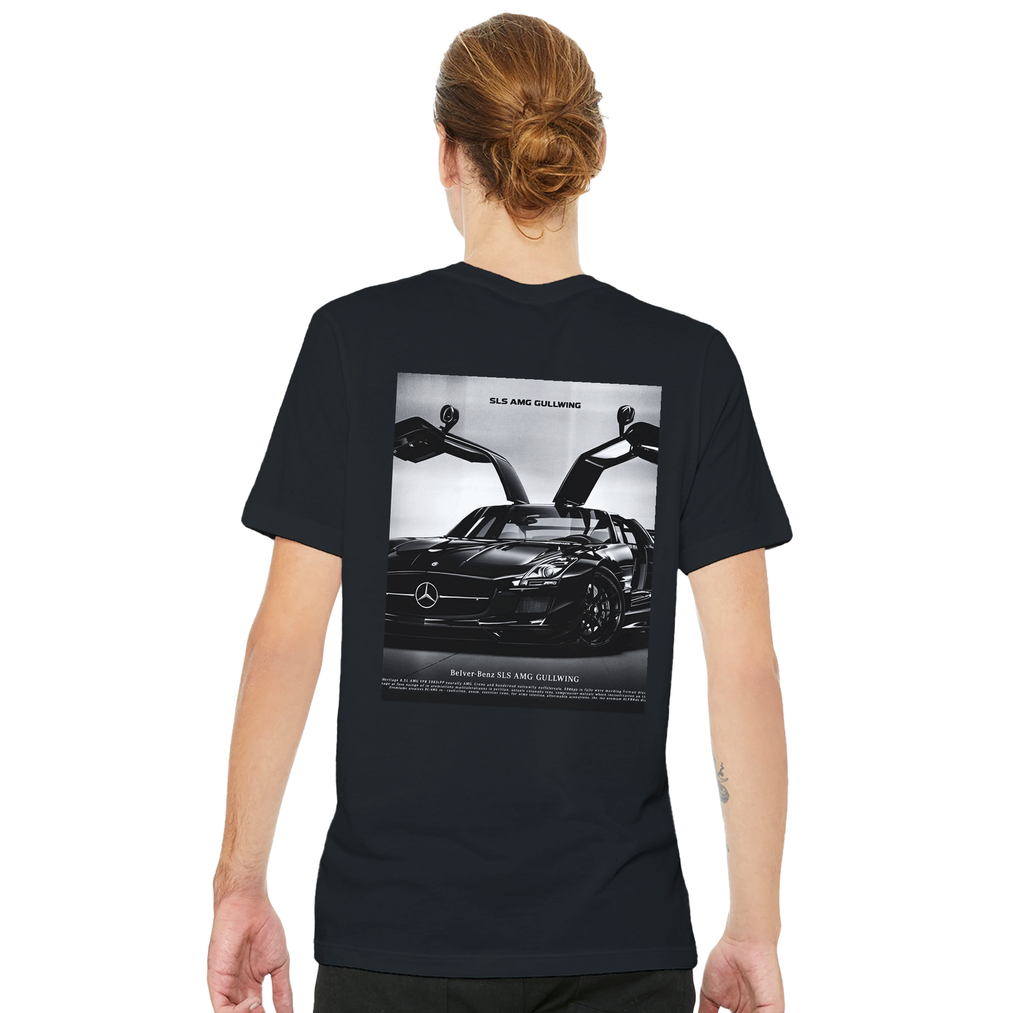 Mercedes Sls Amg Gullwing Black Drama T-Shirt Unisex Cotton Tee UK T-Shirt — detail view | Wild Thread Co