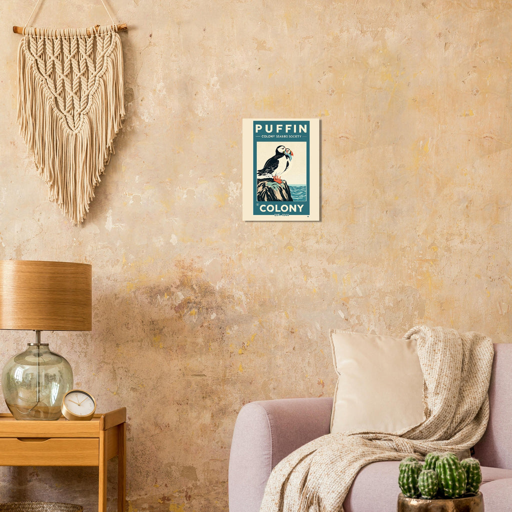 Puffin Colony Vintage Travel Poster Art Print — detail view | Wild Thread Co