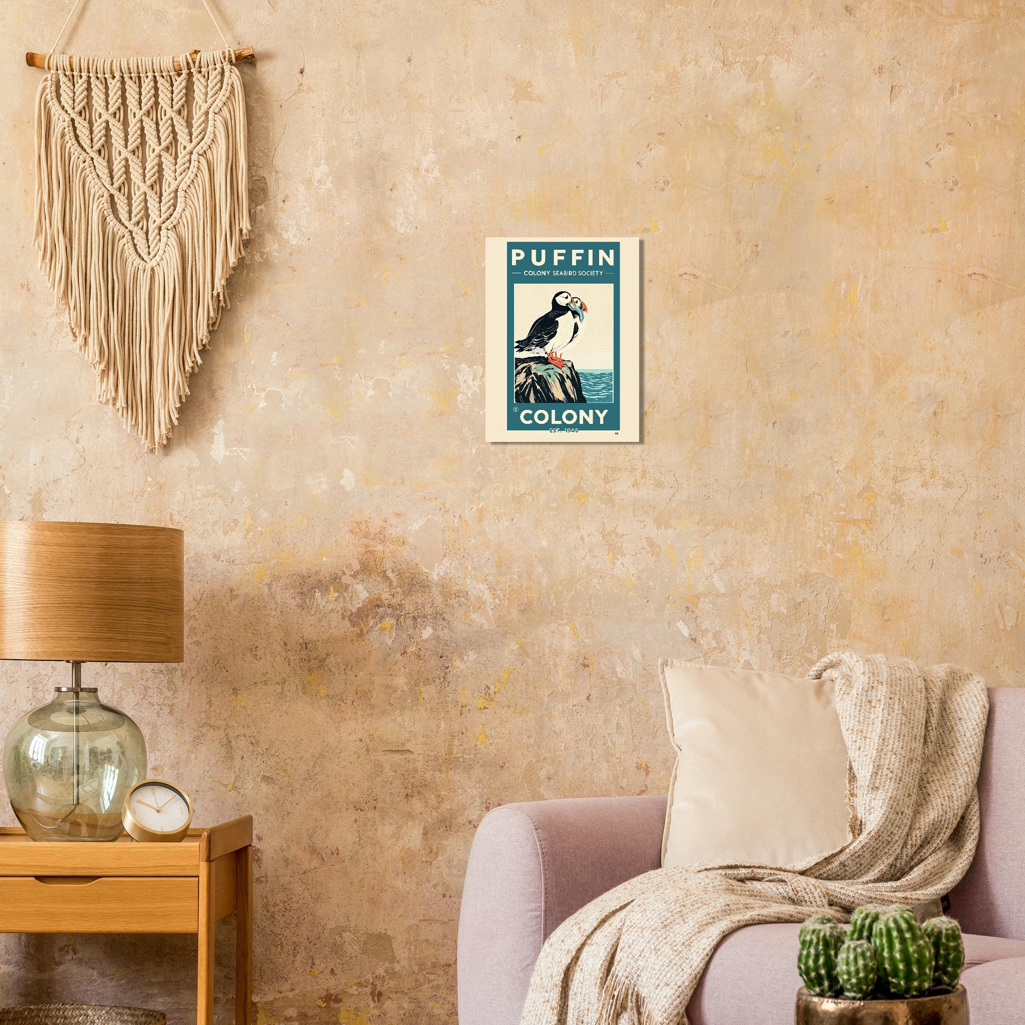 Puffin Colony Vintage Travel Poster Art Print — detail view | Wild Thread Co