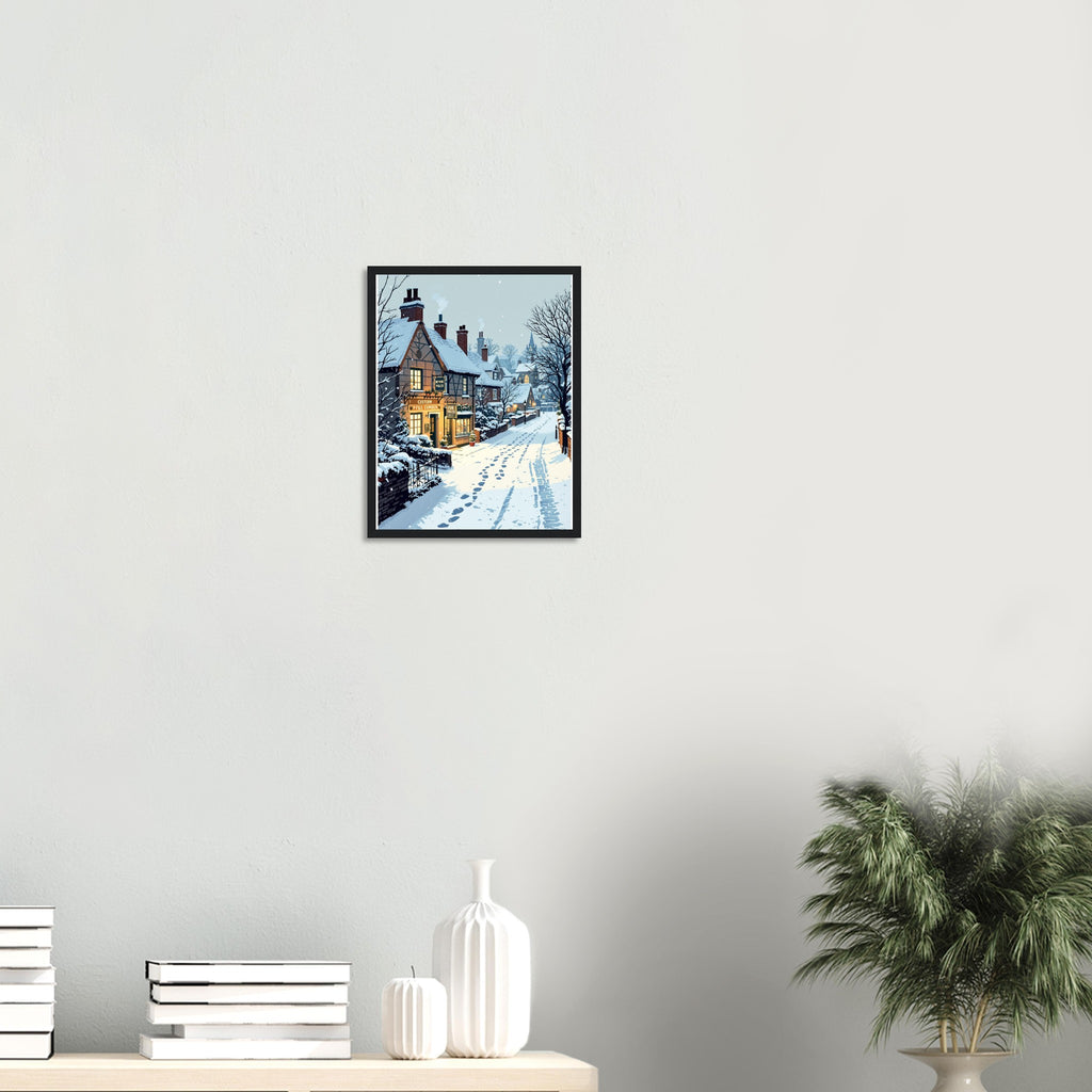 Snowfall Village Pub Light Framed Art Print — detail view | Wild Thread Co
