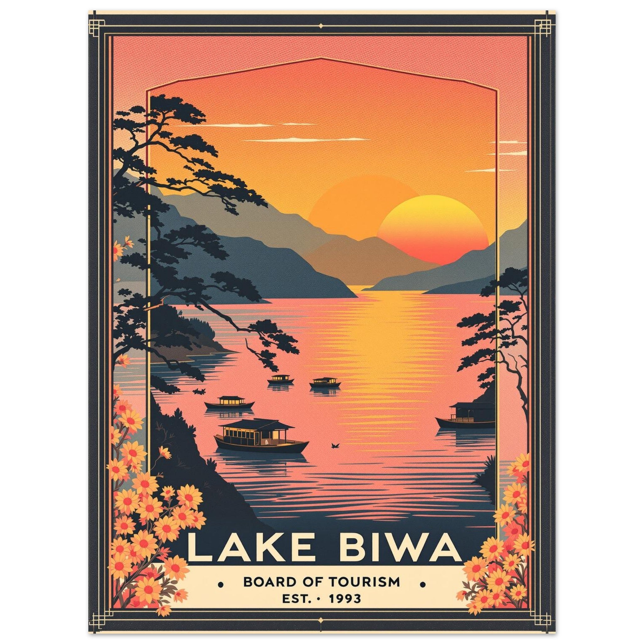 Lake Biwa Vintage Travel Poster Art Print — detail view | Wild Thread Co