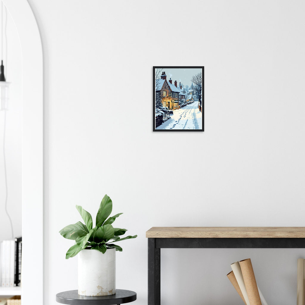 Snowfall Village Pub Light Framed Art Print — detail view | Wild Thread Co