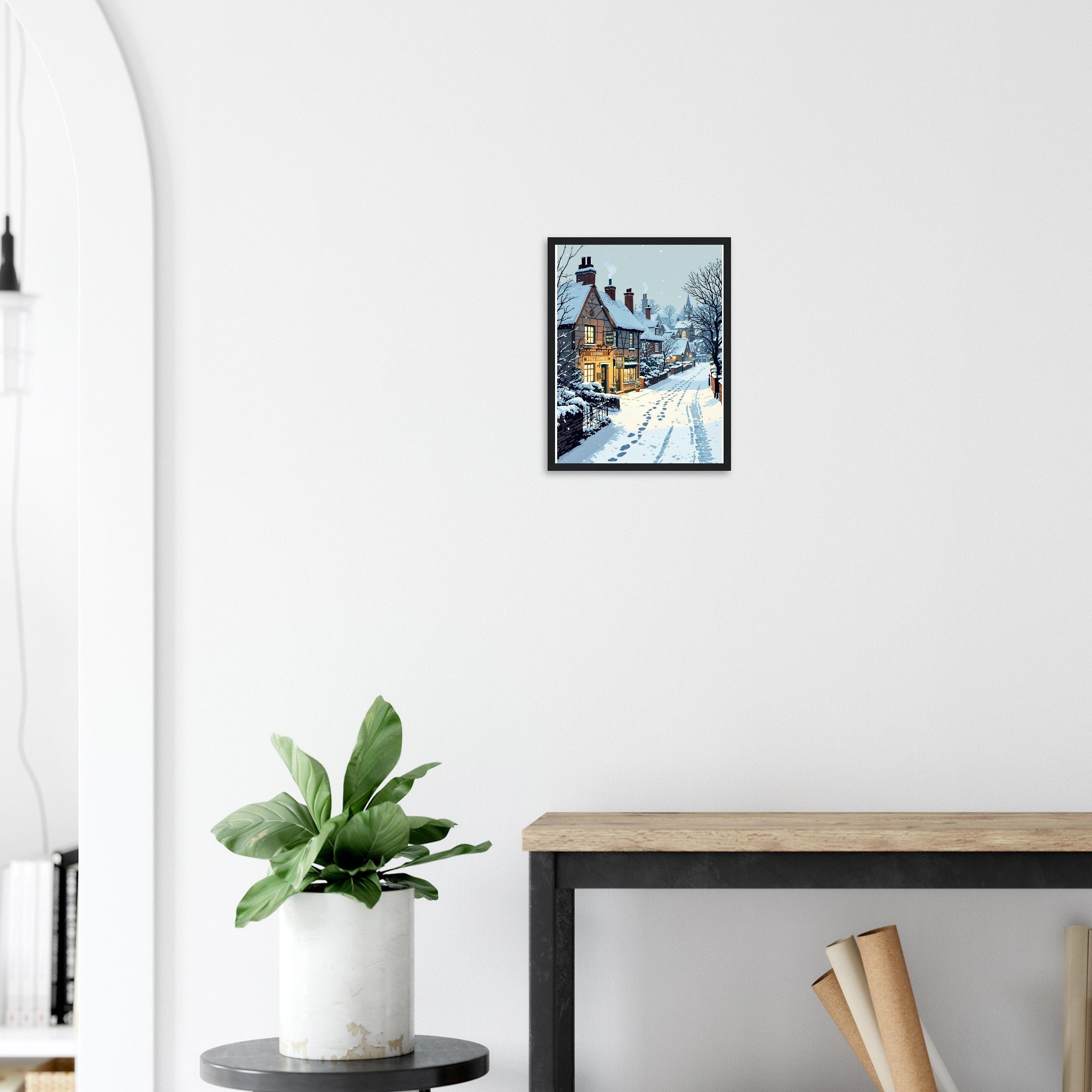 Snowfall Village Pub Light Framed Art Print — detail view | Wild Thread Co