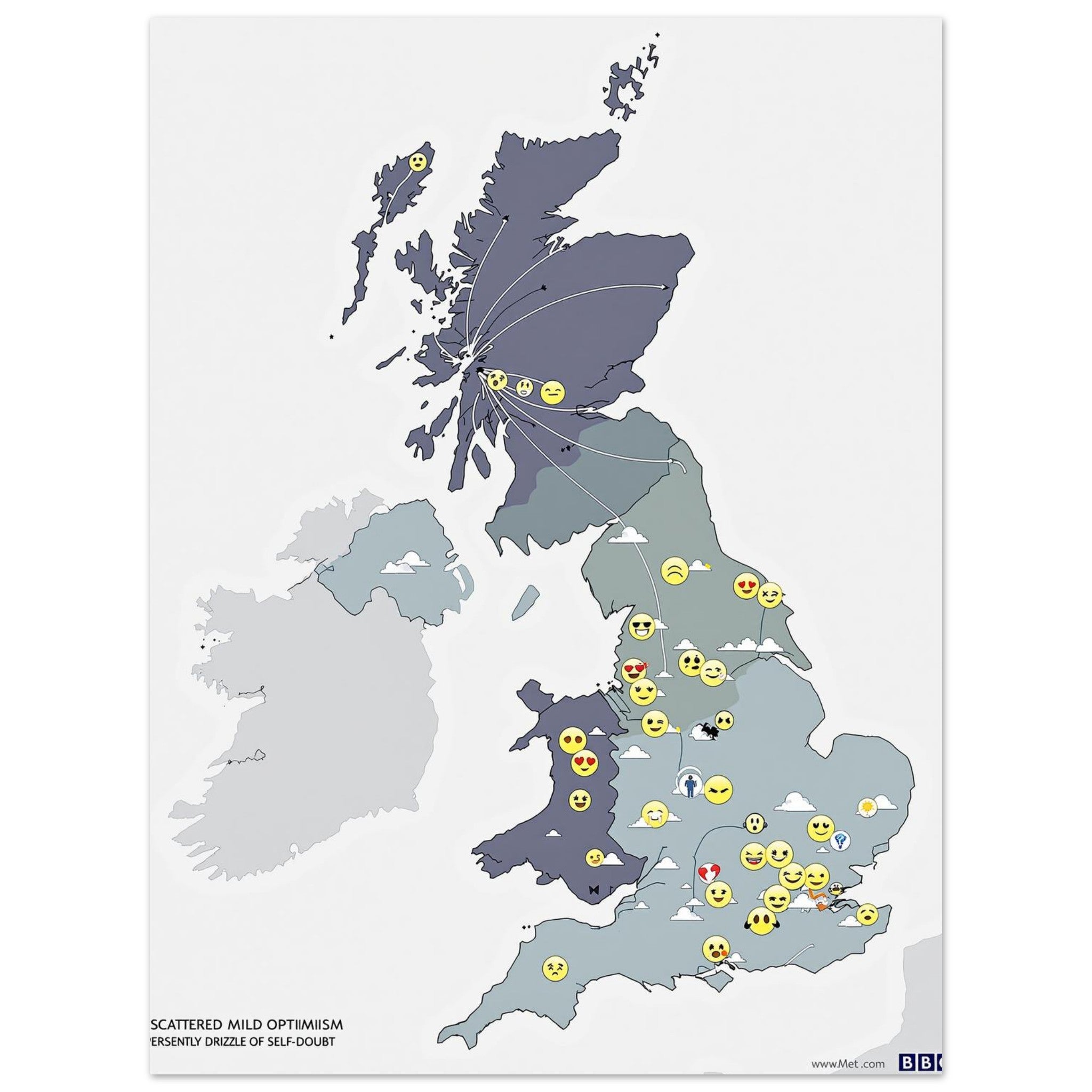 British Weather Emotional Forecast Map A1 Art Print Poster Wall Art UK UK Gift Art Print — detail view | Wild Thread Co