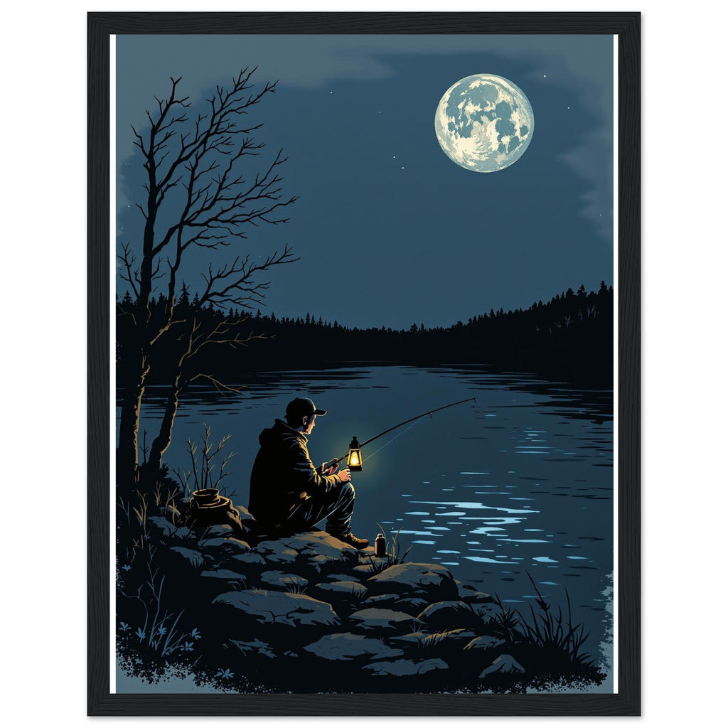Night Fishing Lantern River Patience Framed Print Wall Art Ready to — Framed Art Print | Wild Thread Co UK