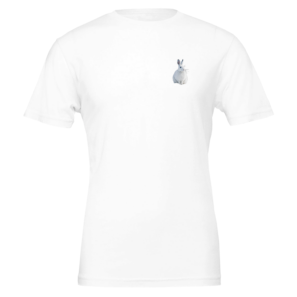 Mountain Hare White Winter Snow T-Shirt — detail view | Wild Thread Co