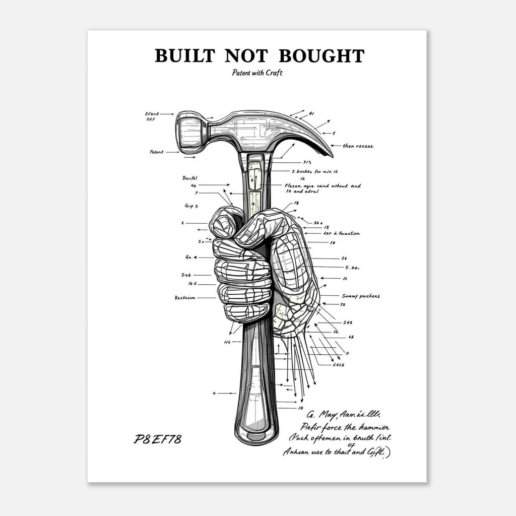 Built Not Bought Engineer Patent Hand Hammer Tradesman Gift Animal Lover Gift UK Art Print — detail view | Wild Thread Co