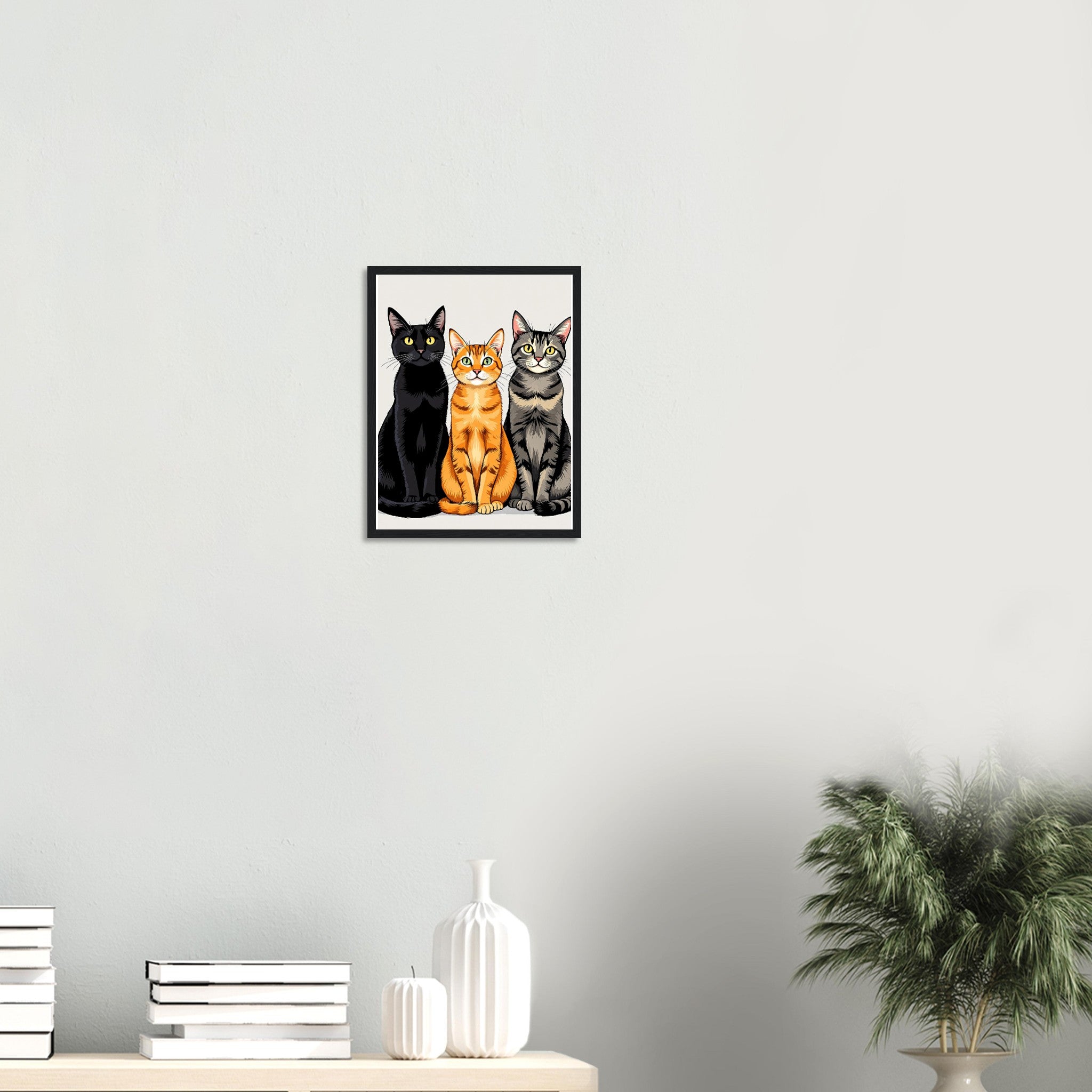 Three Cats In A Row Art Framed Print Wall Art Ready to Hang UK Framed Art Print — detail view | Wild Thread Co