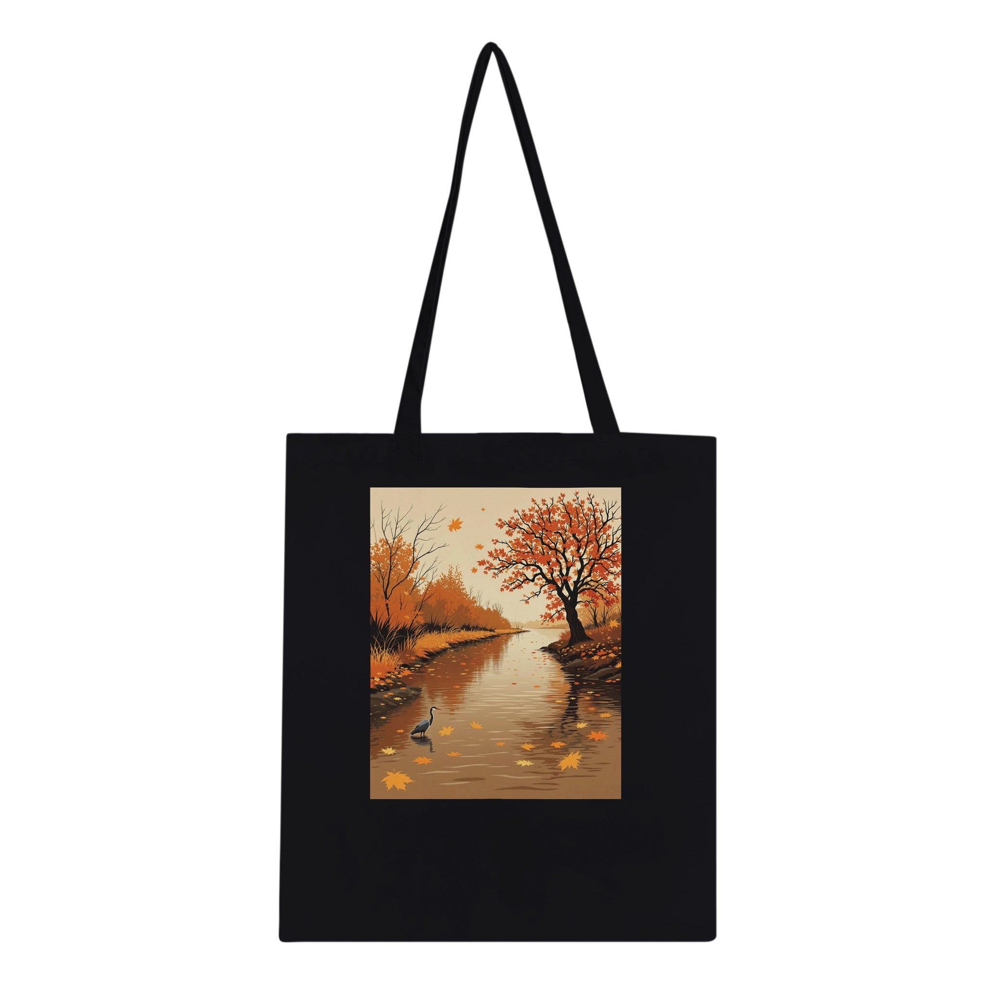 Autumn River Leaves Heron Bronze Tote Bag Cotton Shopper UK Tote Bag — detail view | Wild Thread Co