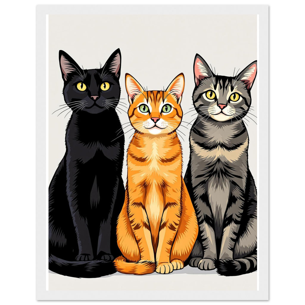 Three Cats In A Row Art Framed Print Wall Art Ready to Hang UK Framed Art Print — detail view | Wild Thread Co