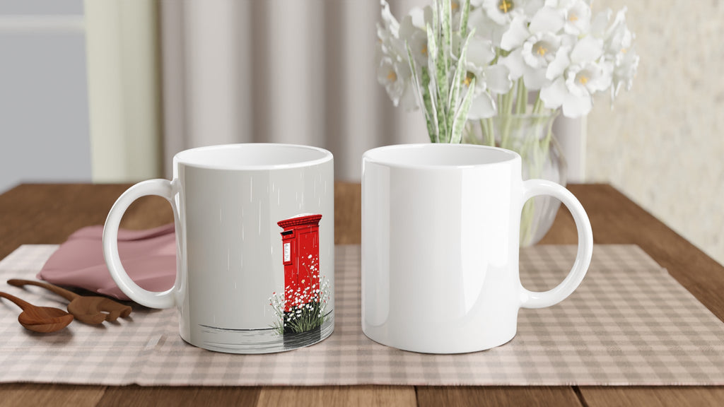 Red Postbox In The Rain Mug — detail view | Wild Thread Co