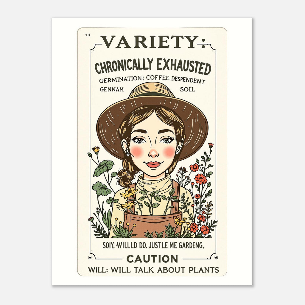 Chronically Exhausted Gardener Seed Packet Art Print Poster Wall Art UK UK Gift Art Print — detail view | Wild Thread Co