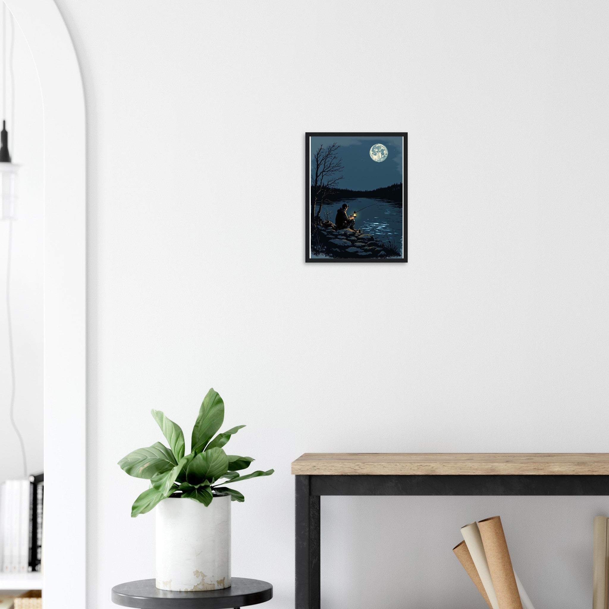 Night Fishing Lantern River Patience Framed Print Wall Art Ready to Framed Art Print — detail view | Wild Thread Co